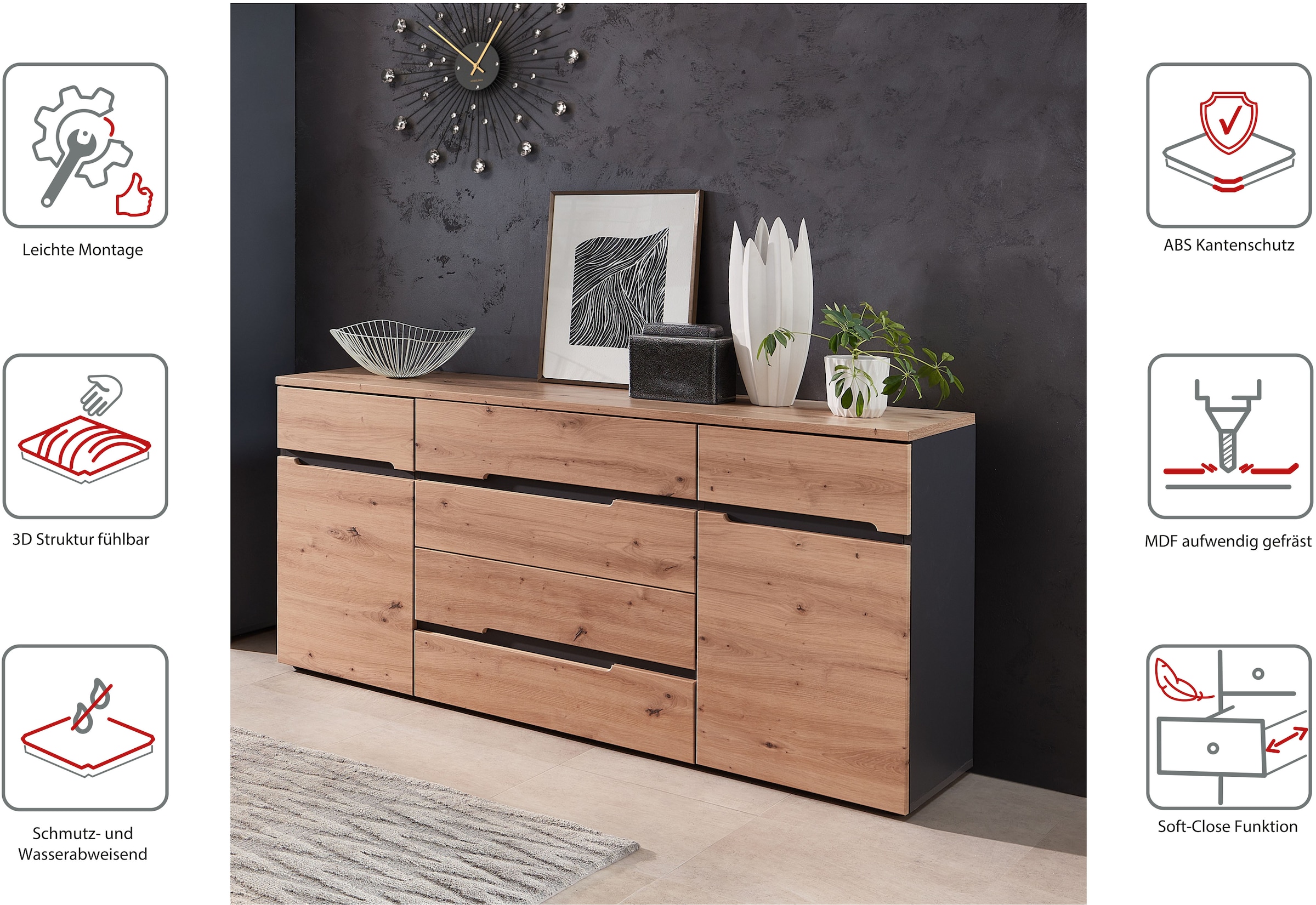 Innostyle Sideboard »MEMPHIS, TOPSELLER!«, (Sideboard, Wohnzimmerschrank), leichte Montage, viel Stauraum