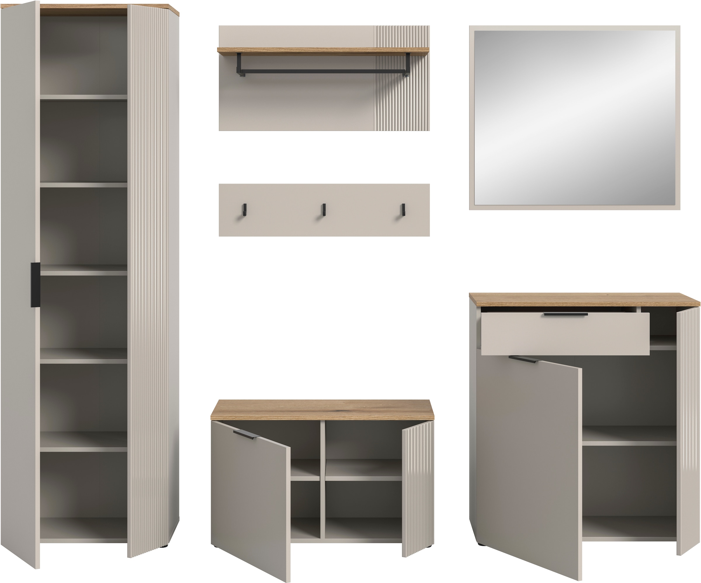 INOSIGN Garderoben-Set »EDIL, Breite 250 cm, 6-teilig, Front mit hochwertiger Längstfräsung« Set, Hochschrank, Sitzbank, Paneel, Hakenleiste, Kommode & Spiegel, 5 Stk. tlg. Garderobenkombination, Kombination, Set, Garderobe, Flurgarderobe