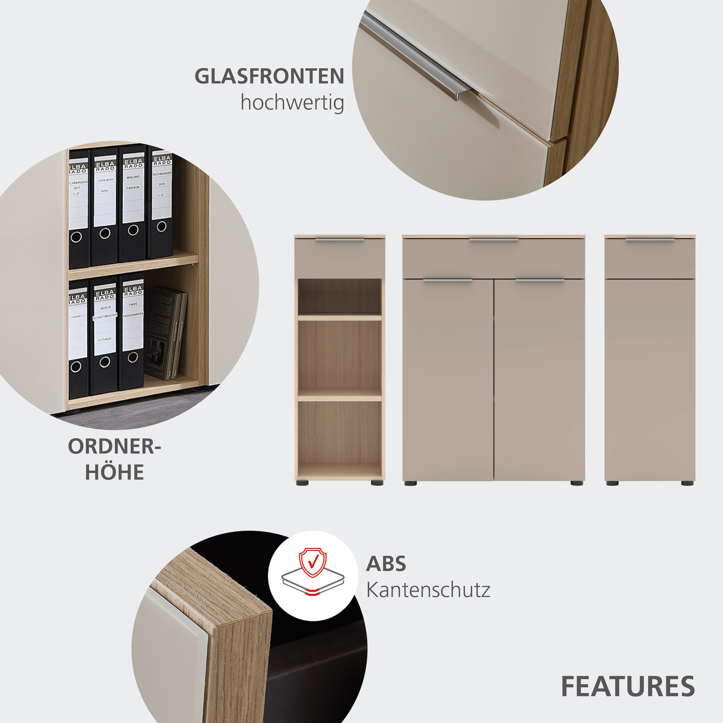 Innostyle Aktenschrank »Büroschrank Santorin, 40/110/38 cm ( B/H/T)« 1 Stk. tlg. 1 Tür links/rechts verwendbar, Softclose, Klarglas, ABS Schutzkante