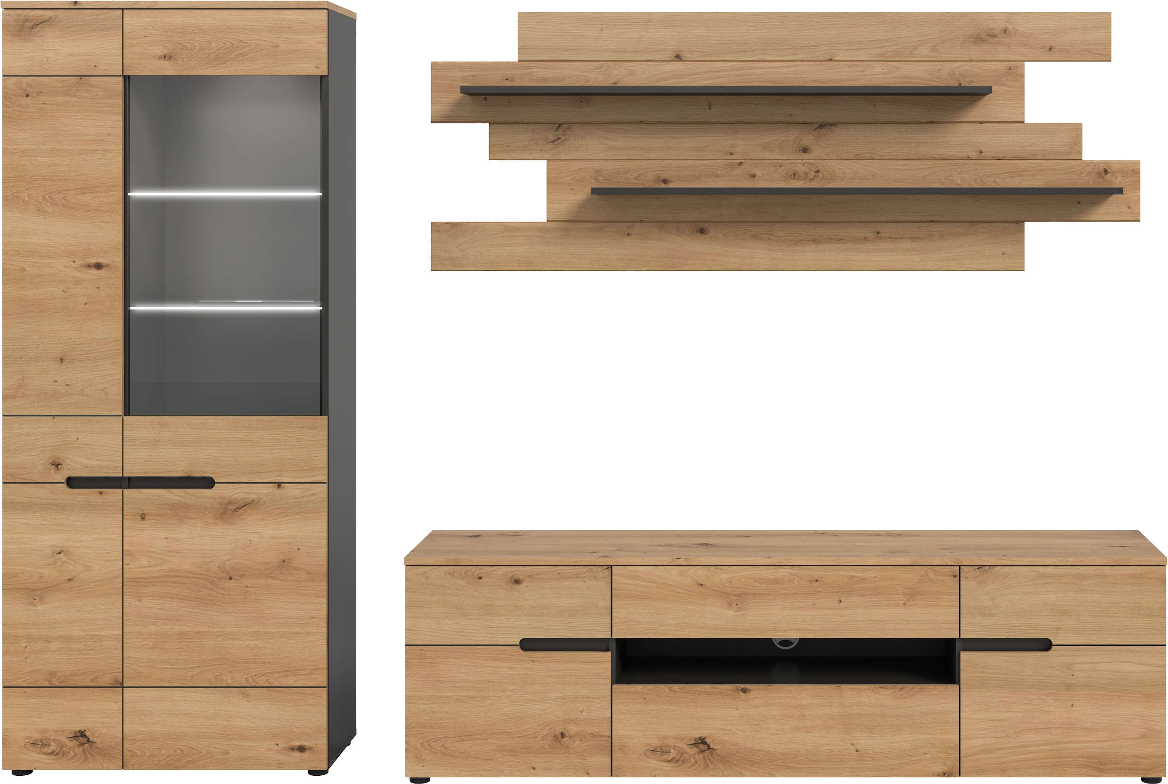 INOSIGN Wohnwand »REHAT, TOPSELLER!, 3-teilig, Breite 280 cm, inklusive Beleuchtung« Set inkl. Beleuchtung, bestehend aus: Vitrine, Lowboard und Wandboard, 5 Stk. tlg. Kombination, Anbauwand, Set, Wohn-Set, Wohnzimmer-Set, Schrankwand