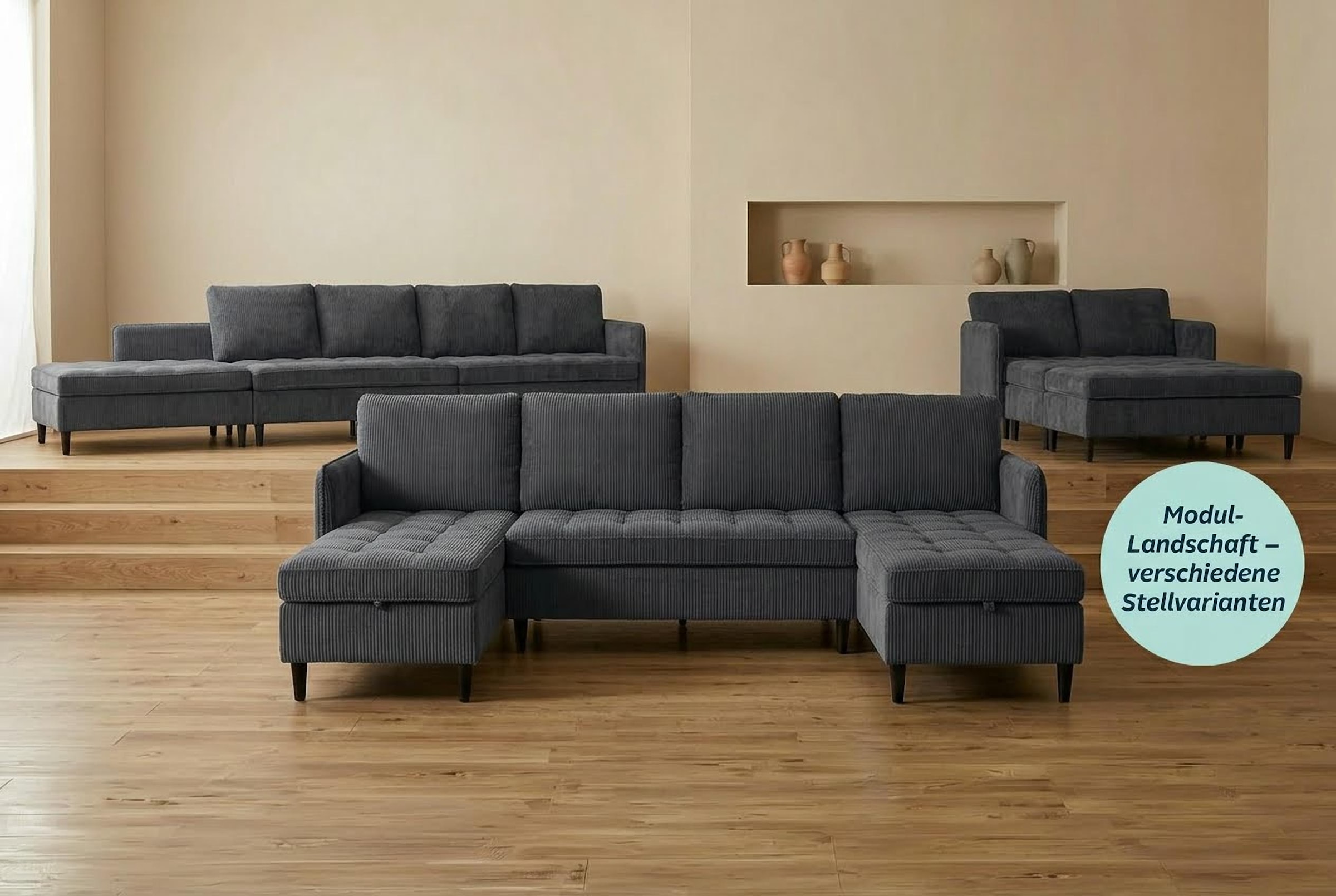 Dorel Home Wohnlandschaft »LINDHUS, Cord, Modulsofa, verschiedene Stellvarianten« Breite als U-Form (254cm) mit Verbindern fixierbar, Recamiere,Stauraum
