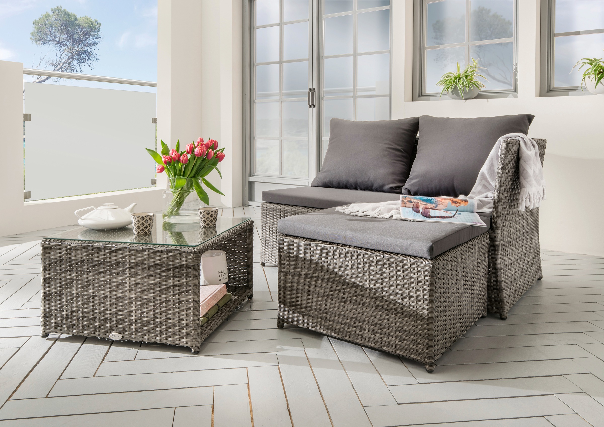 Destiny Gartenlounge-Set »Loft«, (3 tlg.), Bank, Hocker, Tisch 56x56 cm, Polyrattan
