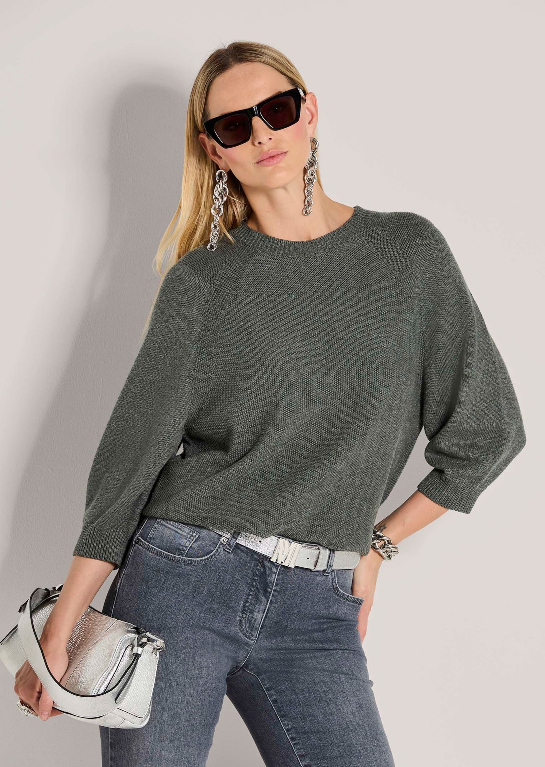 MADELEINE Longpullover »Strickpullover Zeitloser Baumwollpullover mit Perlfang-Muster« weite Ärmel