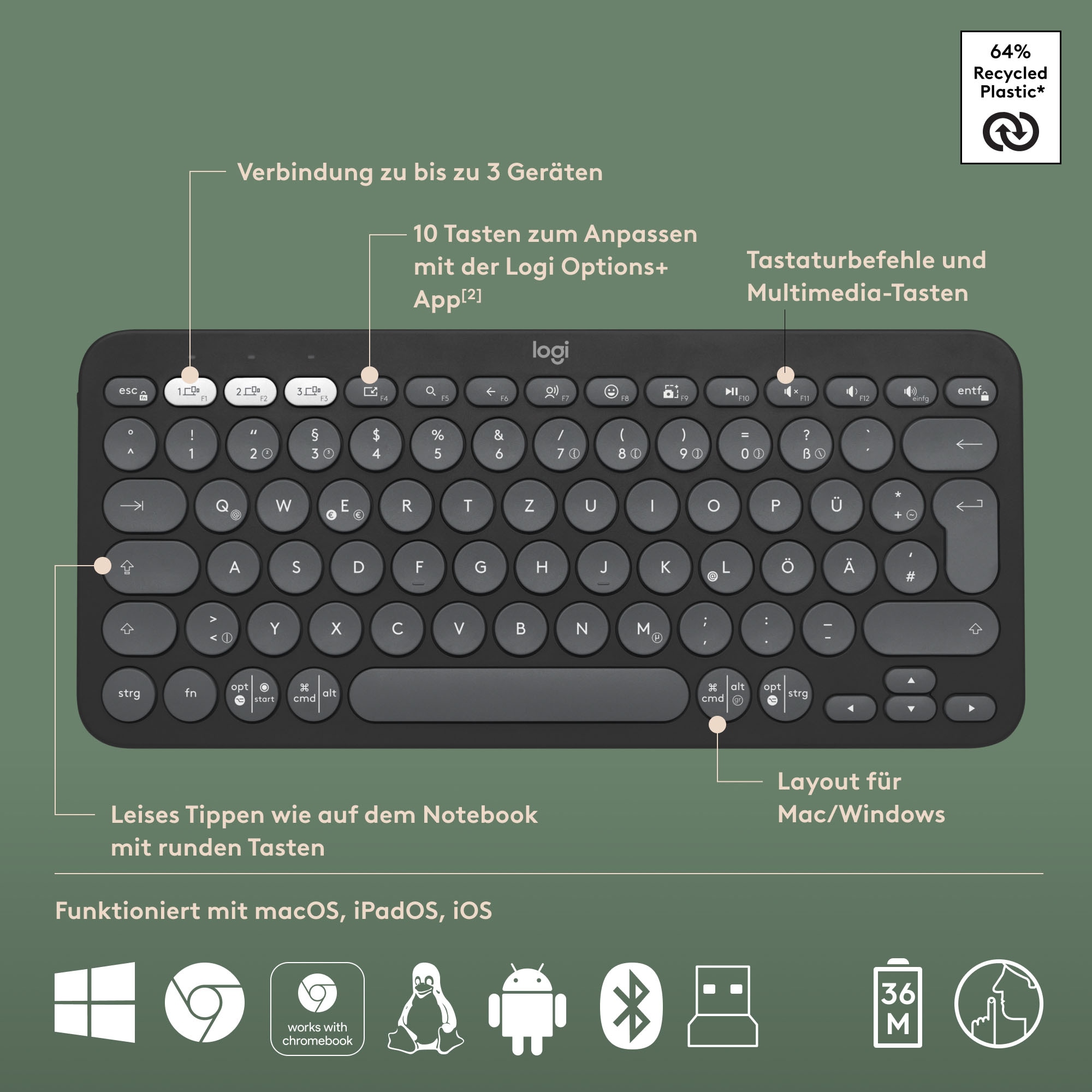 Logitech Tastatur »Pebble 2 Combo« (Fn-Tasten | Multimedia-Tasten)