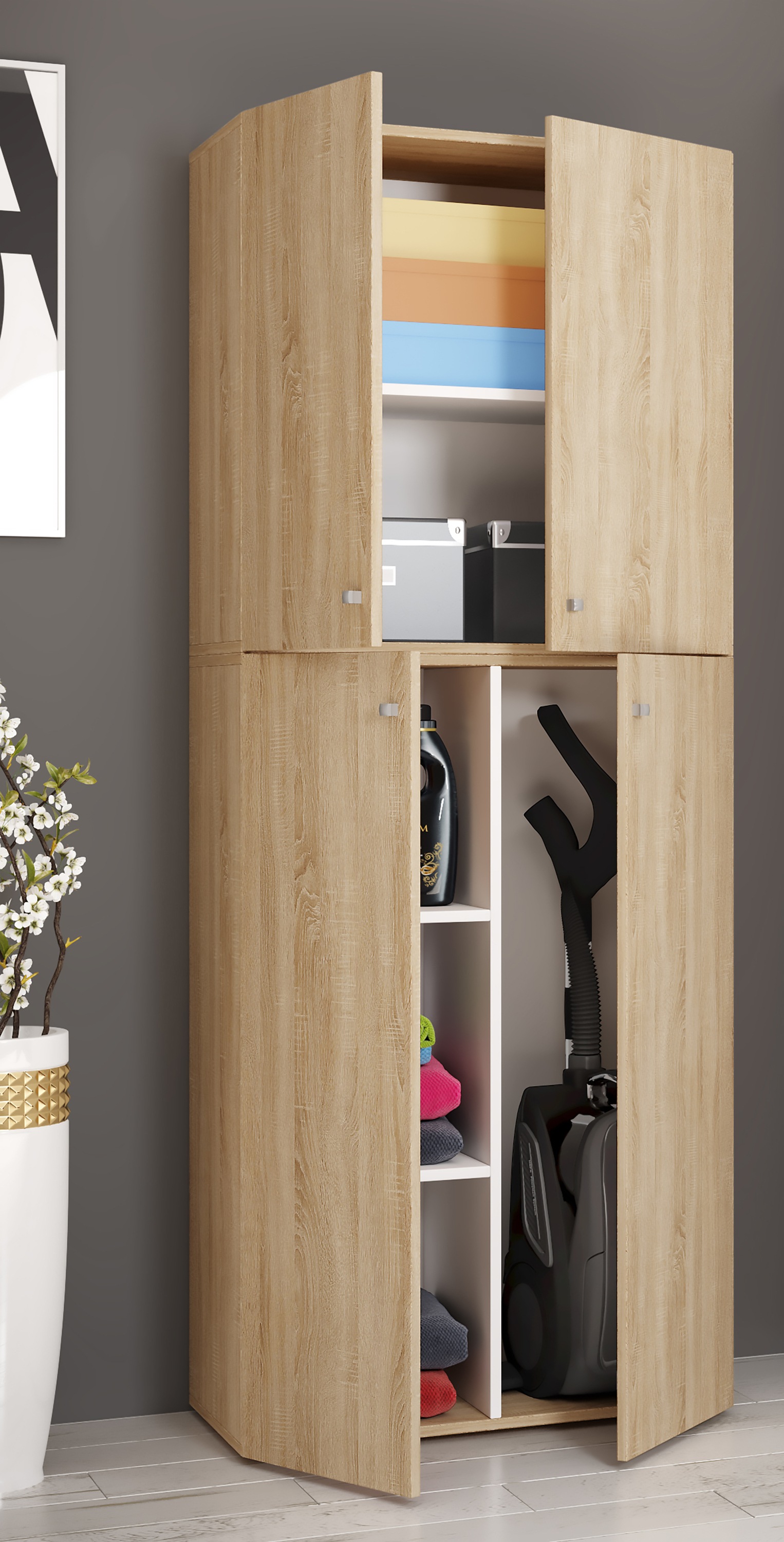 VCM Mehrzweckschrank »VCM Holz Besenschrank | 6 Fächer | Haushaltsschrank | Maße: B. 70 x H. 184 x T. 40 cm | 4 Drehtüren - Lona«, (1 St.)