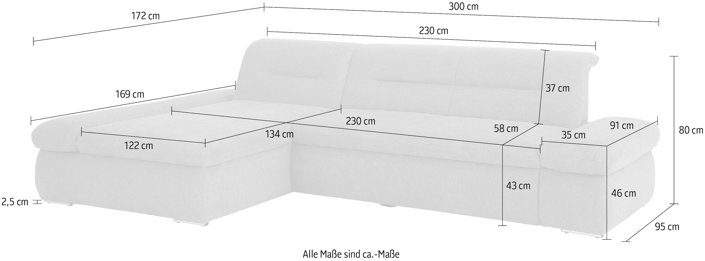 INOSIGN Ecksofa »Avesa L-Form«, Wahlweise mit Armteilvertsellung und Bettfunktion, B/T/H: 300/172/80cm
