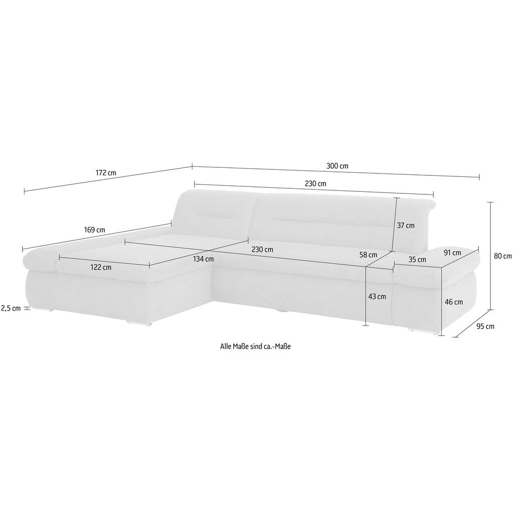 INOSIGN Ecksofa »Avesa L-Form«, Wahlweise mit Armteilvertsellung und Bettfunktion, B/T/H: 300/172/80cm