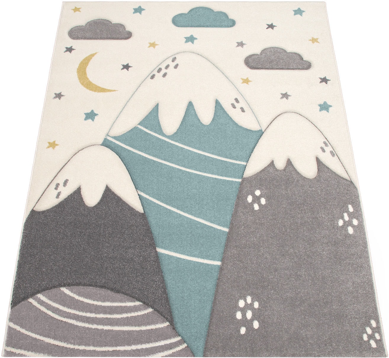 Paco Home Kinderteppich »Cosmo 707«, rechteckig, 13 mm Höhe, 3D-Design, niedliches Motiv Berge & Sterne, Pastell-Farben
