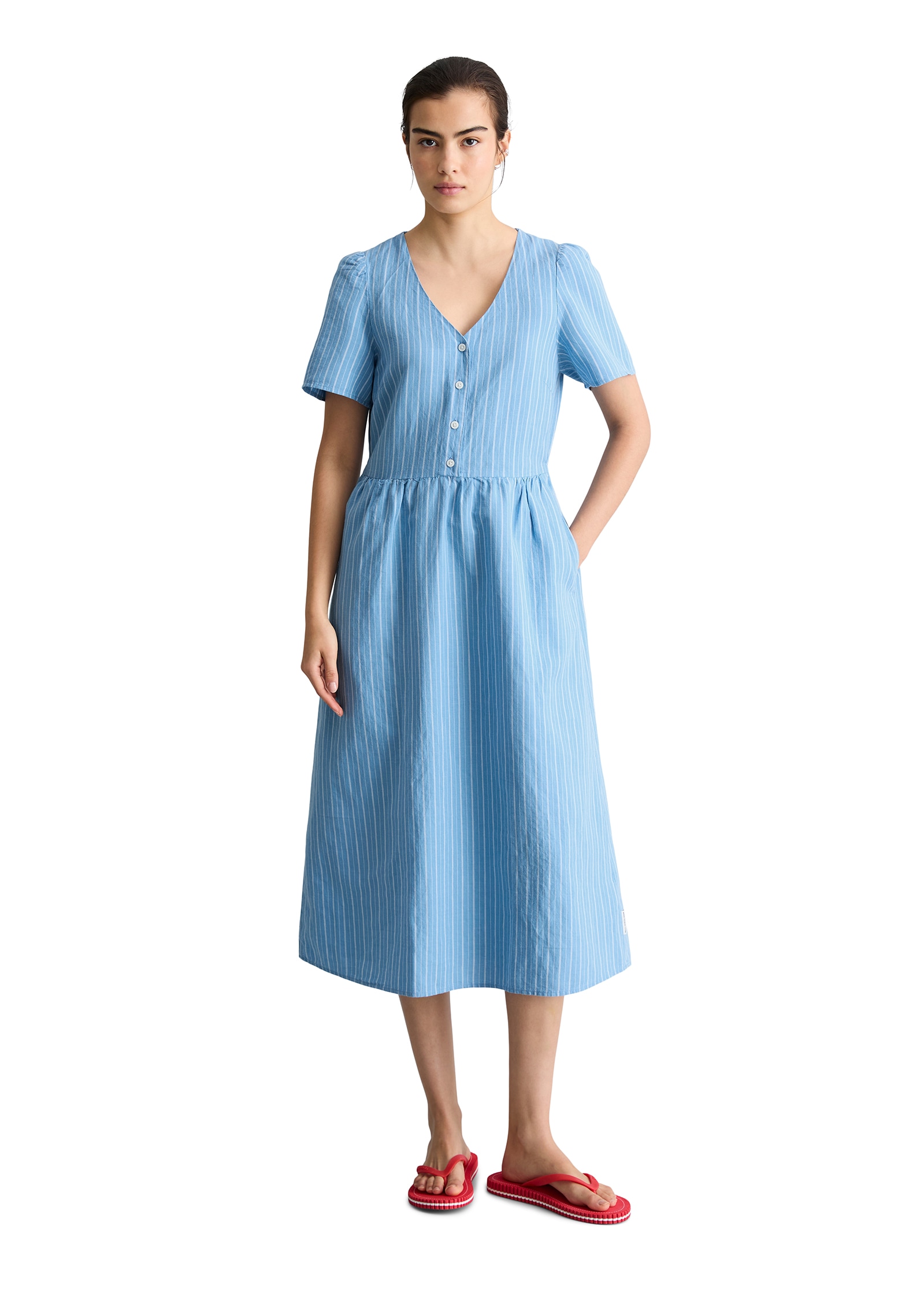 Marc O'Polo DENIM Sommerkleid Seitennahttaschen regular aus Leinen-Baumwolle-Mix, gestreift