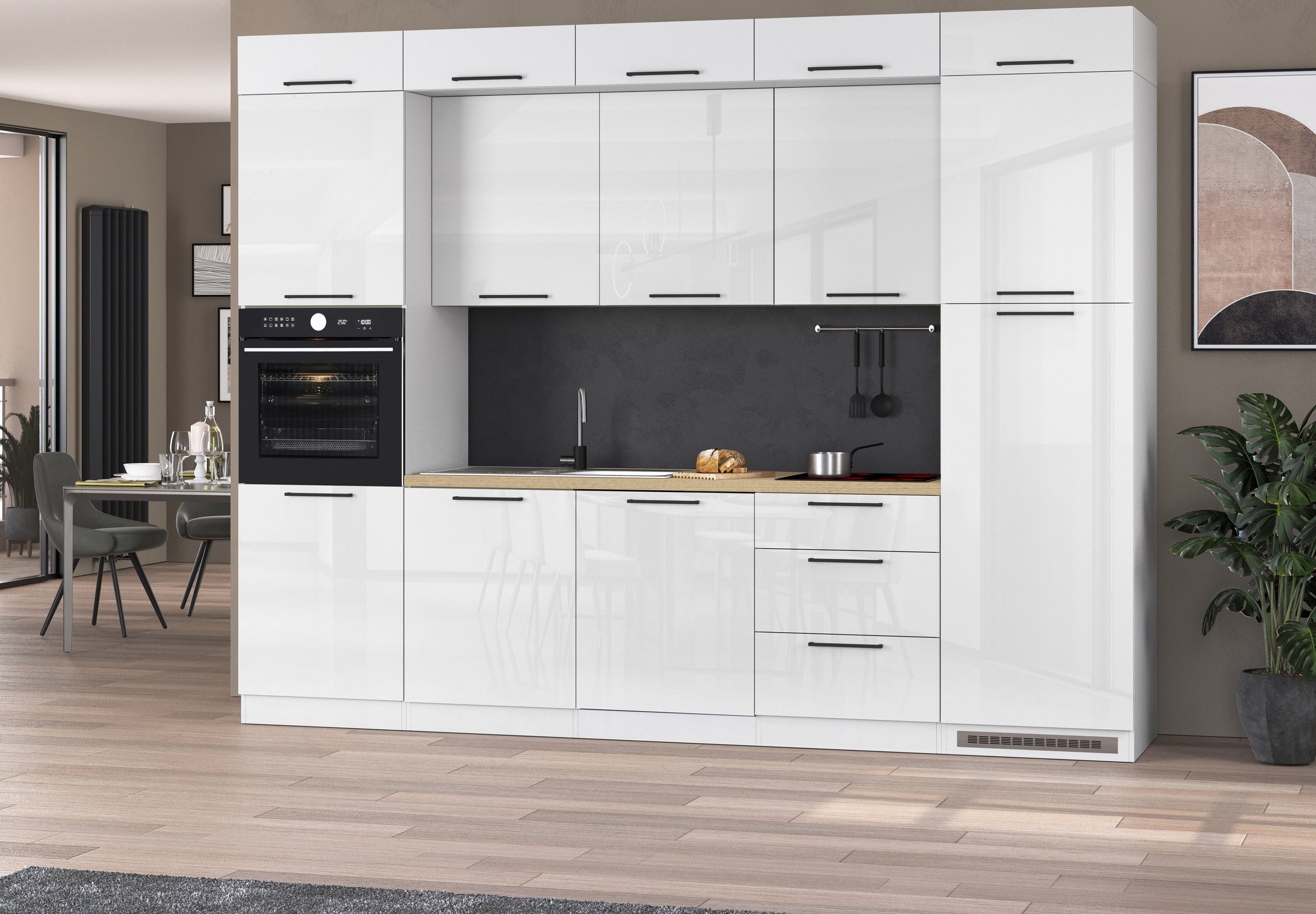 KOCHSTATION Küchenzeile »Luna, Einbauküche, Zeilenküche, mit Soft-Close Funktion, Made in Italy« Breite 300 cm ohne E-Geräte, mit Spüle+Siphon und Aufsatz