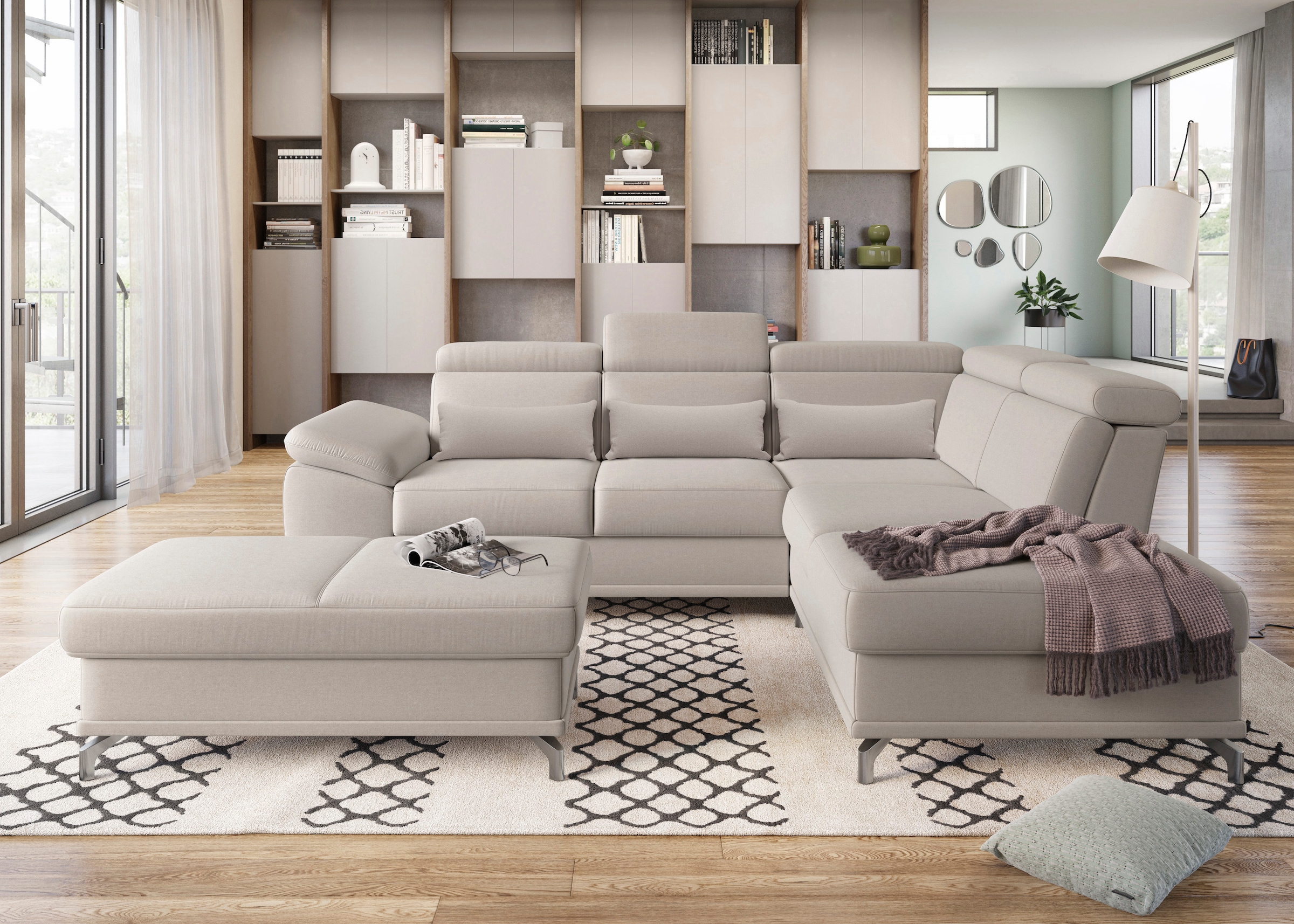 sit&more Ecksofa »Cabrio L-Form, B: 274 cm, mit Sitztiefen-, Arm- & Kopfteilverstellung« 3 Nierenkissen, Federkern, optional Bettfunktion und Stauraum