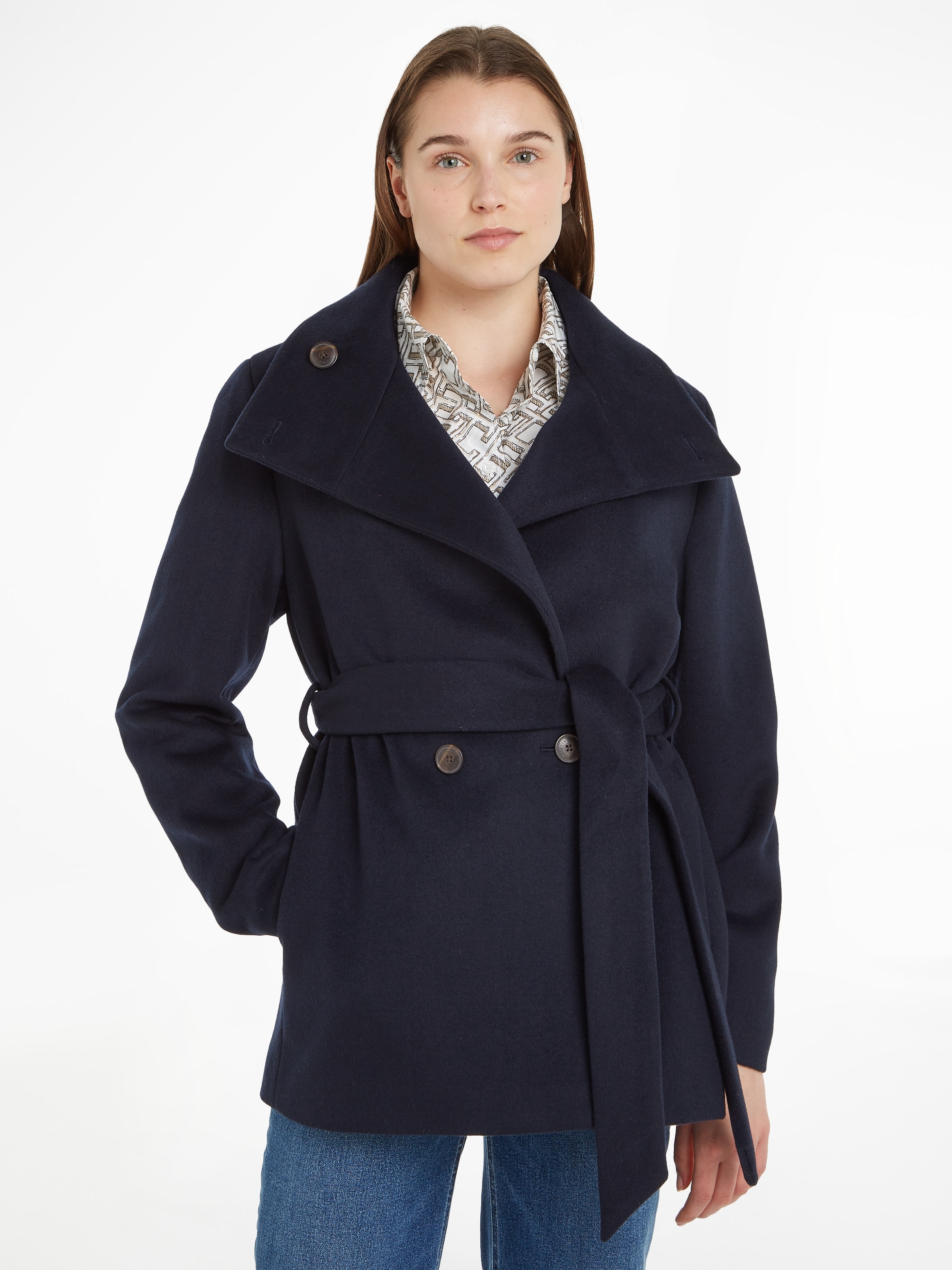 Tommy Hilfiger Outdoorjacke »WOOL BLEND DB BELTED FUNNEL JKT«, mit Tommy Hilfiger Metalllabel