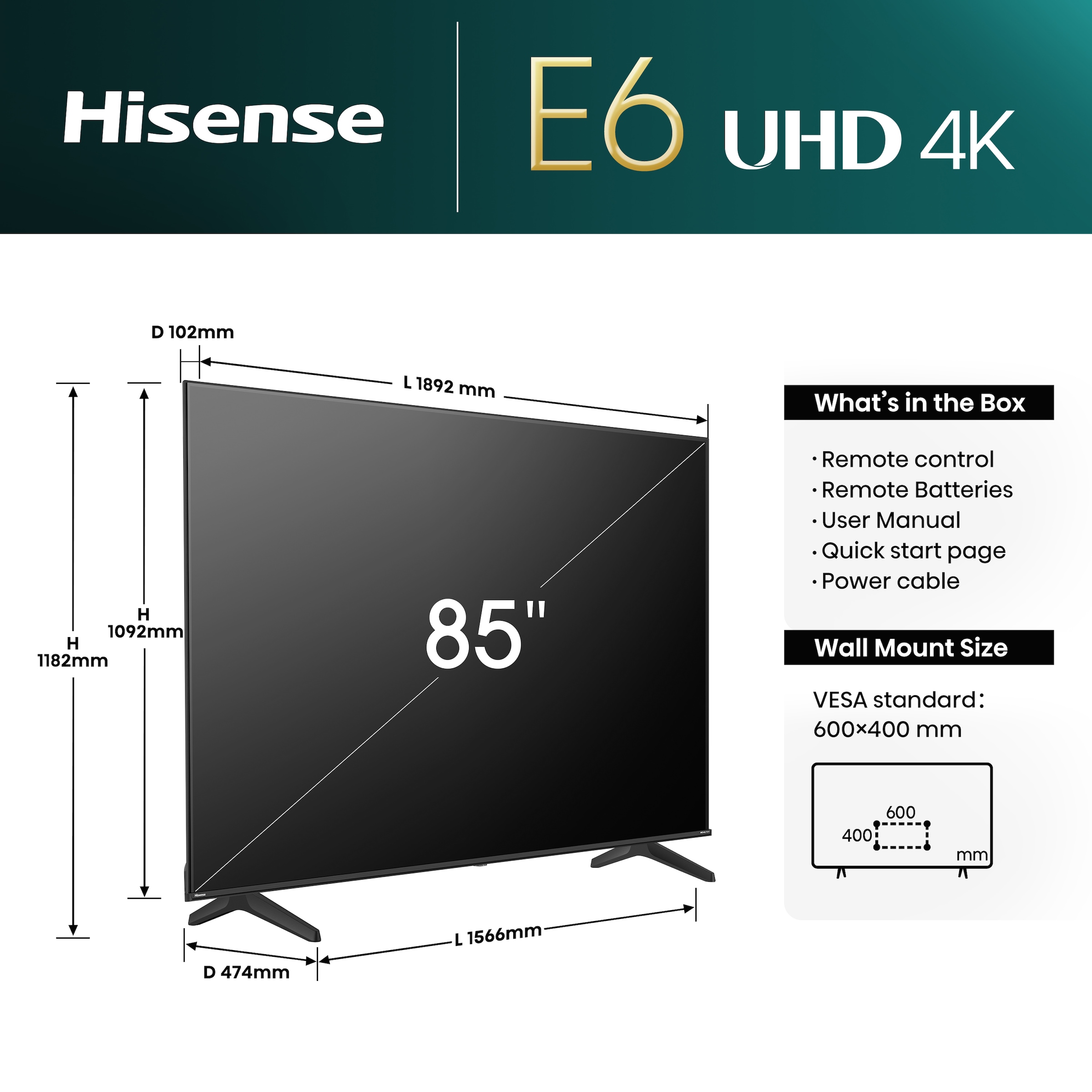 Hisense LED-Fernseher »85E6NT«, 214 cm/85 Zoll, 4K Ultra HD, Smart-TV, 4K UHD