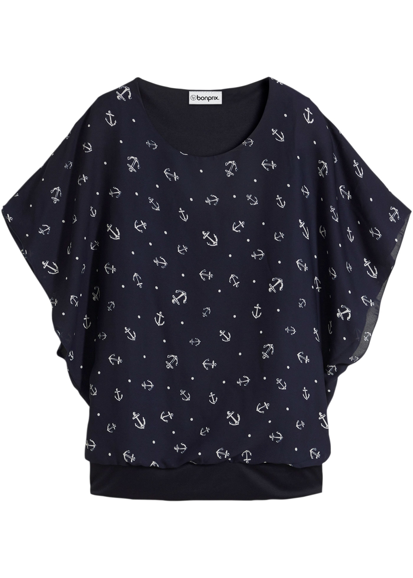 bonprix Shirtbluse lockere Passform, maritimer Allover-Print, angesetztes Taillenbündchen