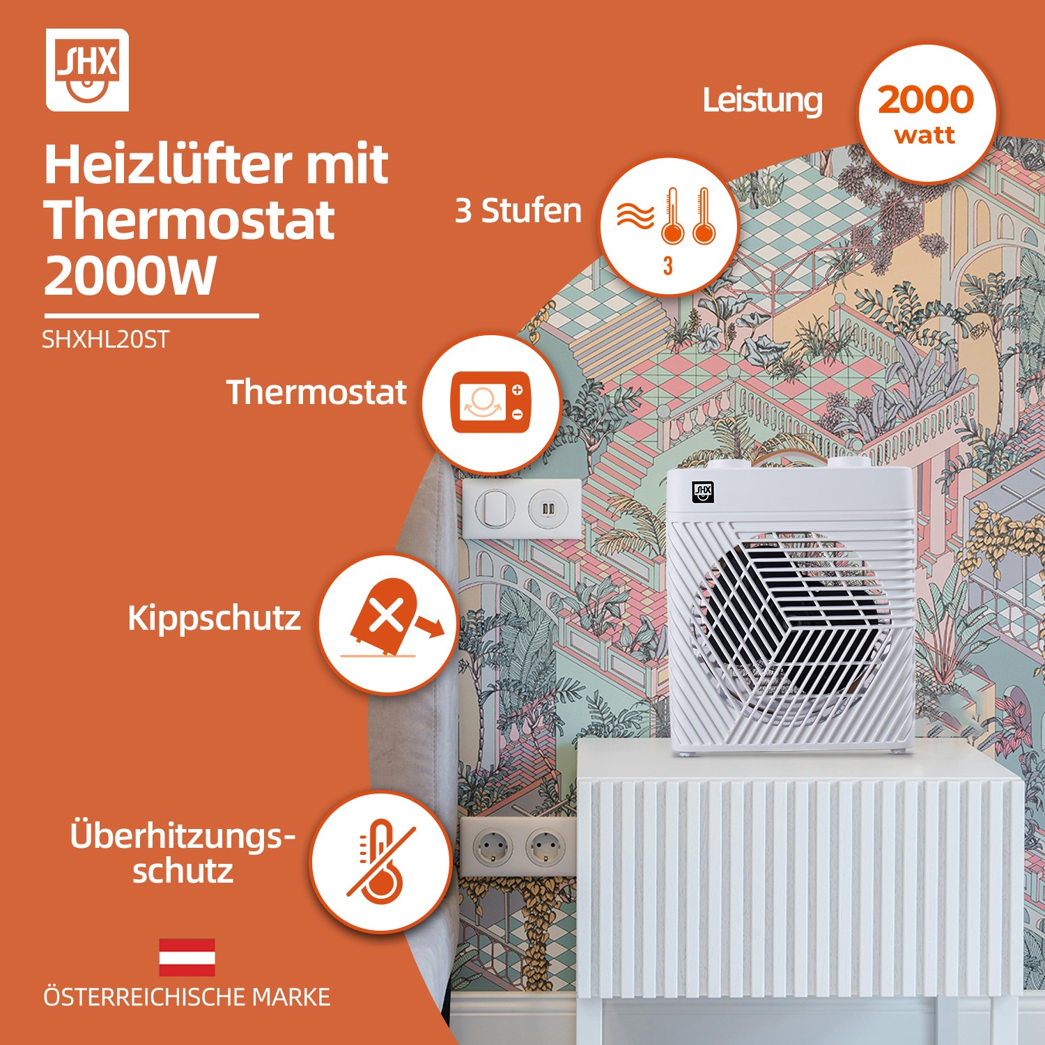 SHX Heizlüfter, 2000 W, Ledergriff, einfache Bedienung