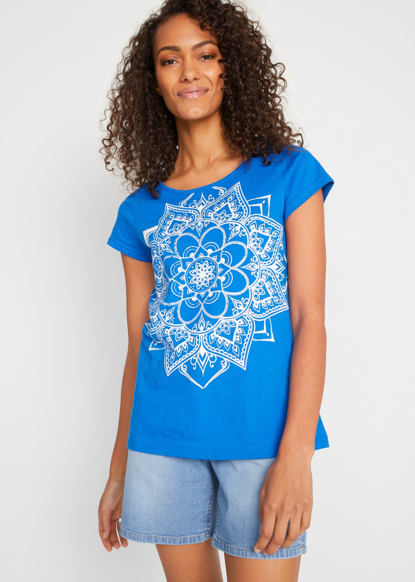 bonprix T-Shirt gerade Passform, Kurzarm, mit dekorativem Druck, aus Baumwolle