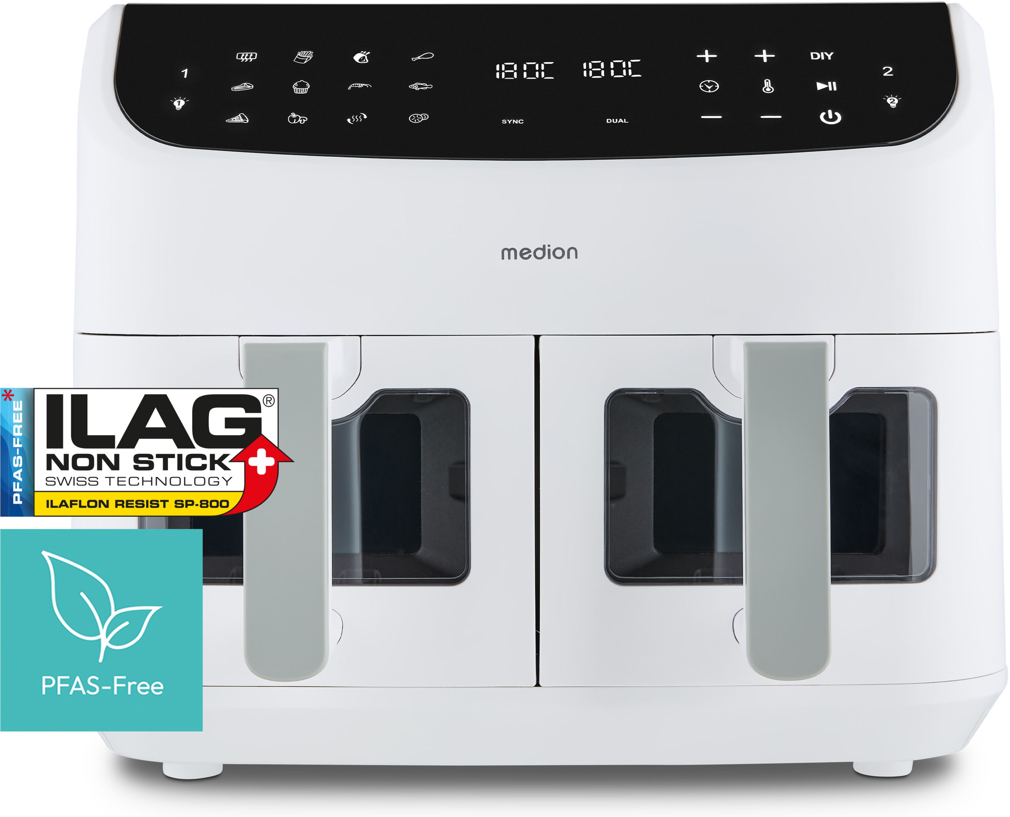 Medion Heißluftfritteuse »MD 11760 P20XXL Twin« 2400 W Temperatur 50 - 200 °C, ILAG Beschichtung, Sync-Finish