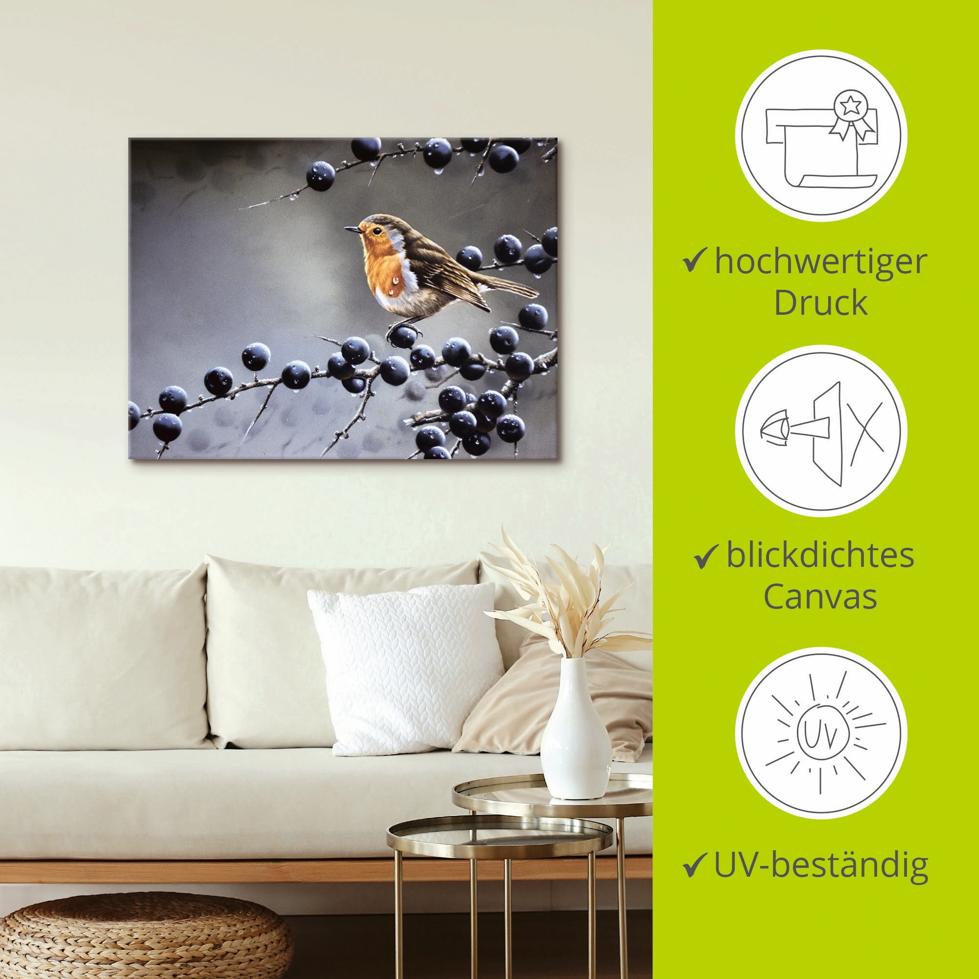 Artland Leinwandbild »Vogel im Beerenbaum«, Vögel, (1 St.), auf Keilrahmen gespannt