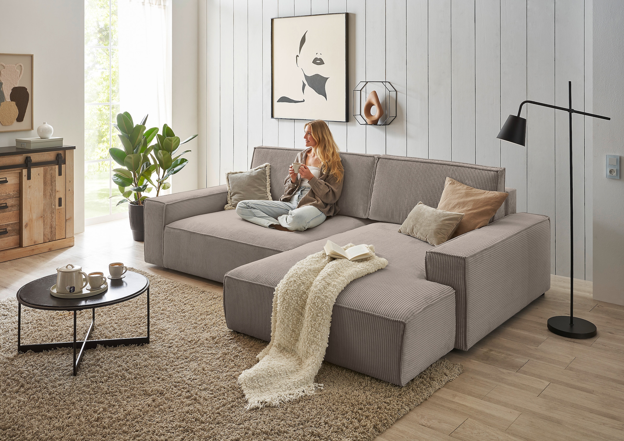 Home affaire Ecksofa »NEU: SHERWOOD XXL 284, Big-Sofa L-Form, tiefe Sitzfläche 95 cm, Cord«, Recamiere rechts/links, als Schlafsofa stellbar, Cord u. Leinenoptik