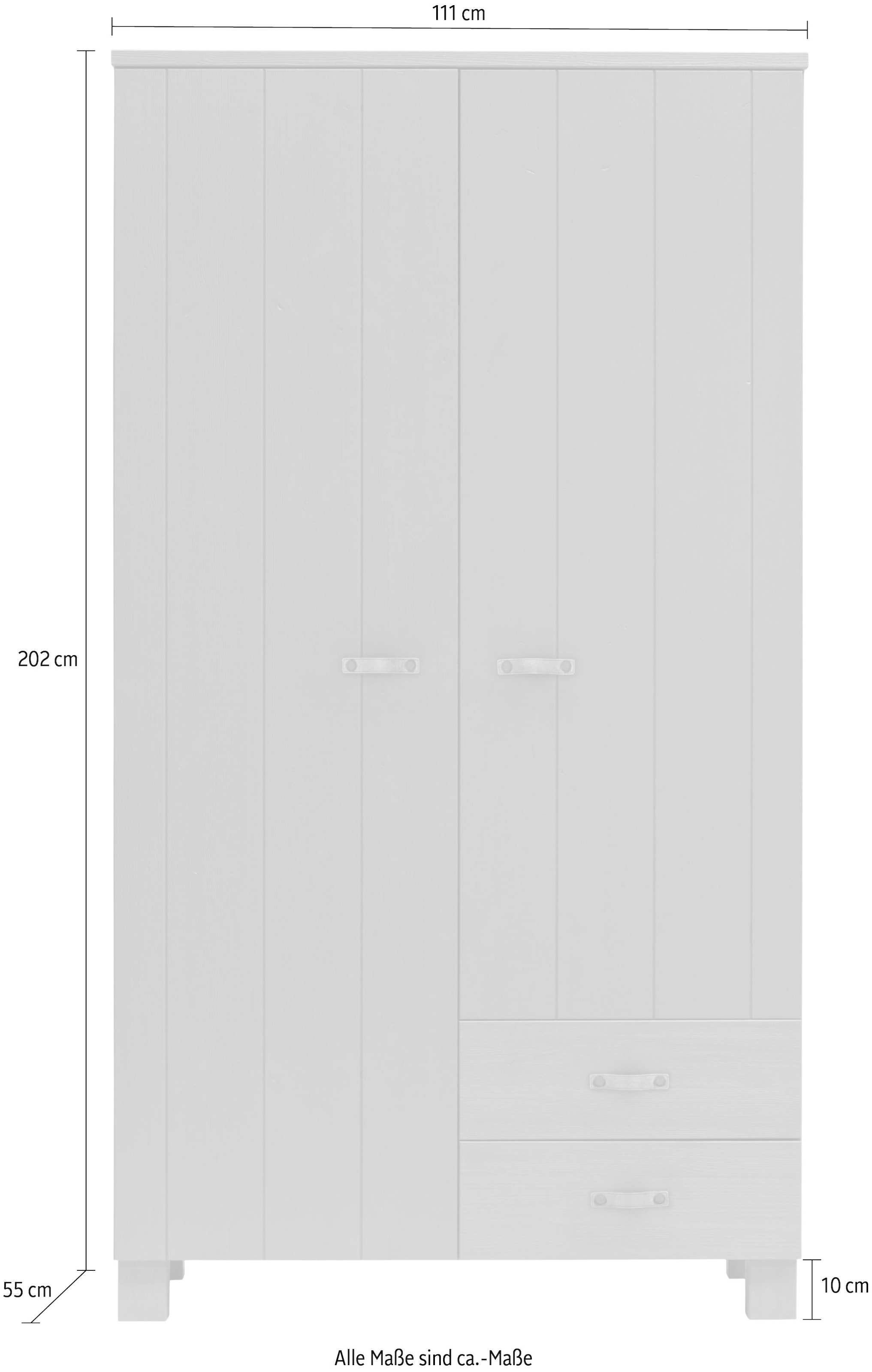 WOOOD Kleiderschrank »Dennis mit gebürsteter Oberfläche und Schubladen (2-türig)« FSC® Massivkiefer, gebürstet, Hang- und Legbereich mit Schubladen