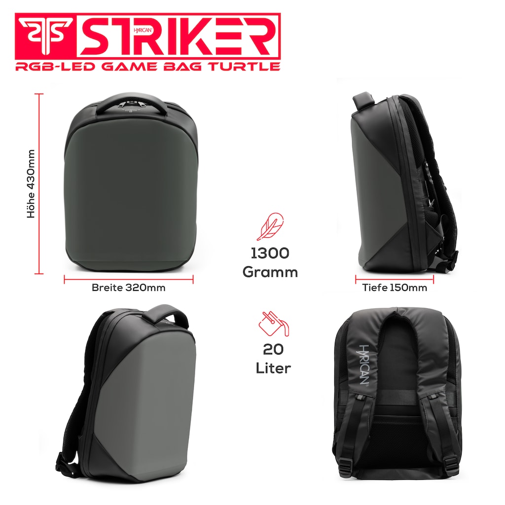 Hyrican Gaming-Laptoprucksack »Striker Game Bag TURTLE NOZ01495« mit App gesteuerte RBG-LED Display, wasserabweisend, gepolstert, für Notebooks bis 15,6 Zoll und Tablets bis 12 Zoll, Geheimfach