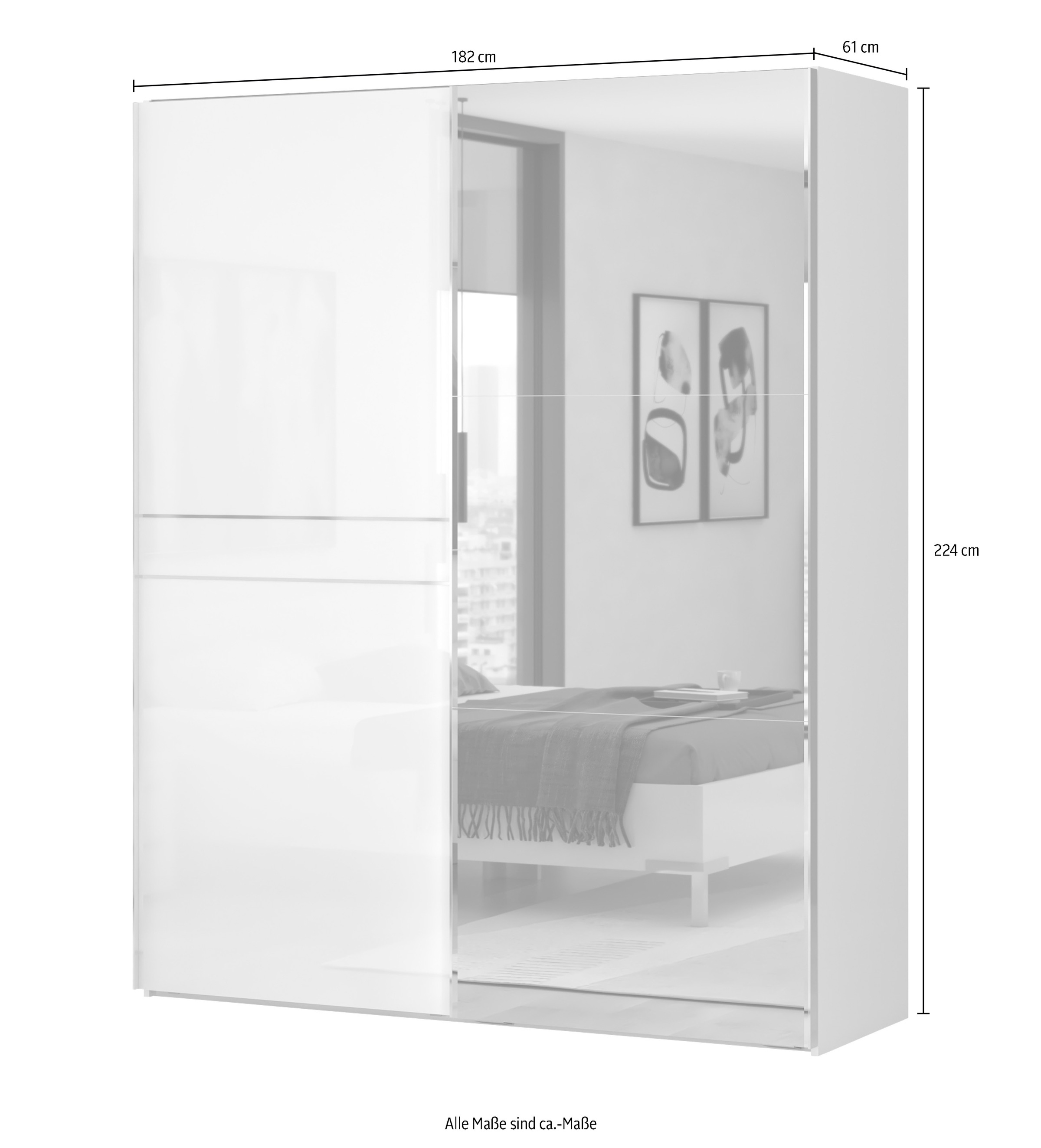 Places of Style Schwebetürenschrank »Piano, mit Einlegeböden, Kleiderstangen, Spiegel, Türen soft-close«, (in 3 Breiten, 224cm hoch, mit verchromten Aufleistungen), mit Spiegeltür, FSC-zertifizierter Holzwerkstoff