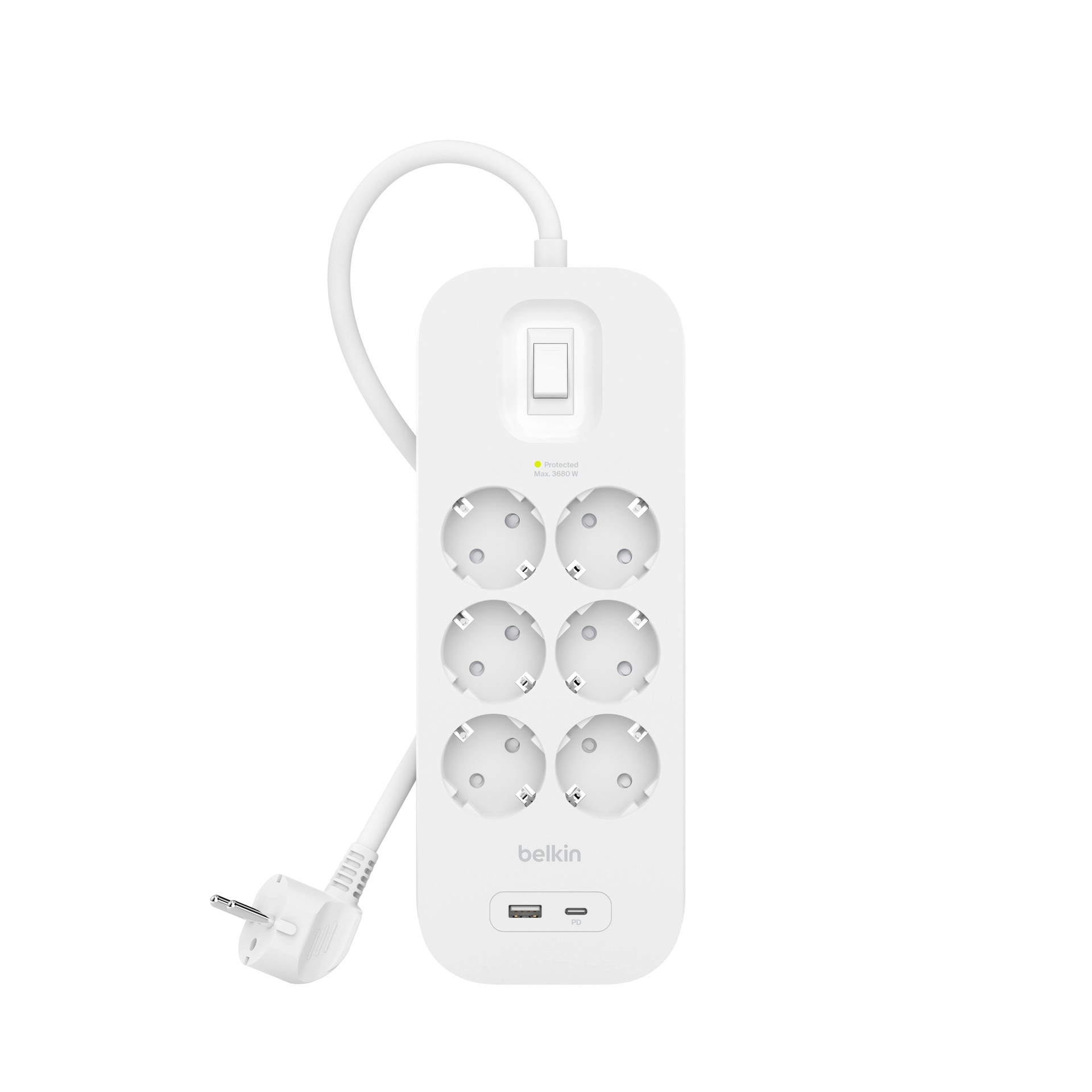 Belkin Steckdosenleiste »6-Fach Steckdosenleiste mit USB-A + USB-C Port, 650J, 18 W, 2 Meter«, 8-fach, (Ein- / Ausschalter Überspannungsschutz Kabellänge 2 m)