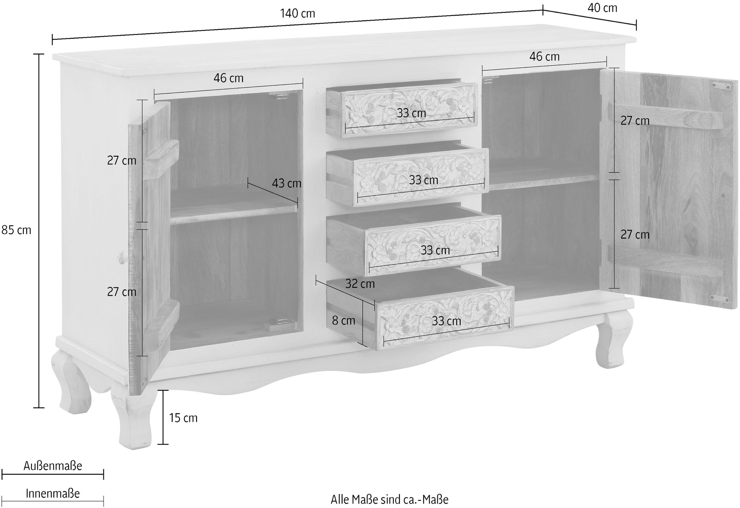 Home affaire Sideboard »Rajat«, aus Mangoholz und beeidruckenden Türfrontfräsungen, Breite 140 cm