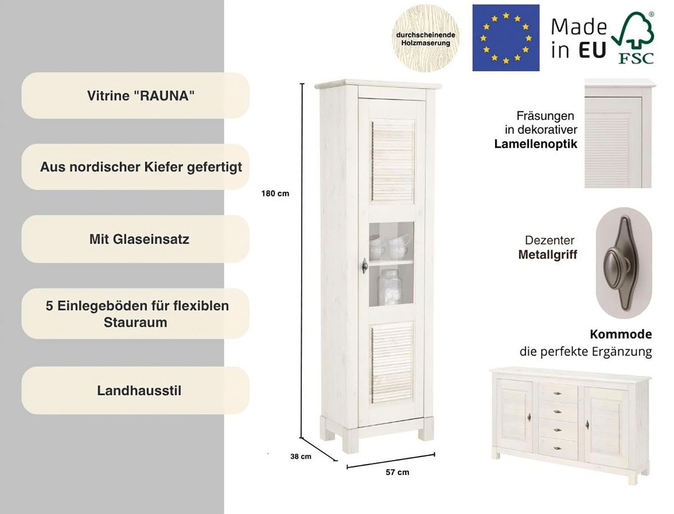 Home affaire Vitrine »Rauna Vitrinenschrank, Stauraumchrank« Höhe 180 cm, aus massiver Kiefer, FSC®-zertifiziert