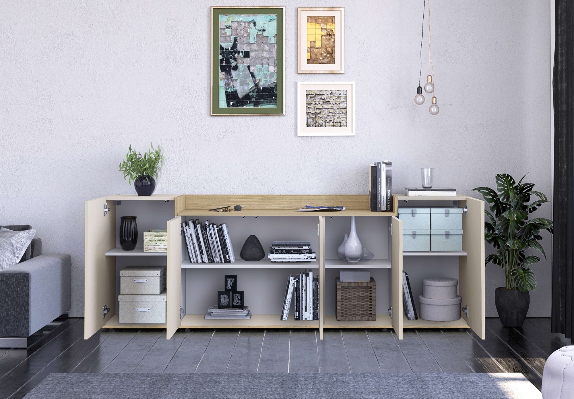 OTTO home Sideboard »BOLSENA, Kommode, Schrank,Lowboard mit 8 Fächer und offenes Ablagefach« 1 Stk. tlg. stehend/hängend montierbar, Made in Italy, B/T/H: 200 × 35 × 71,2 cm
