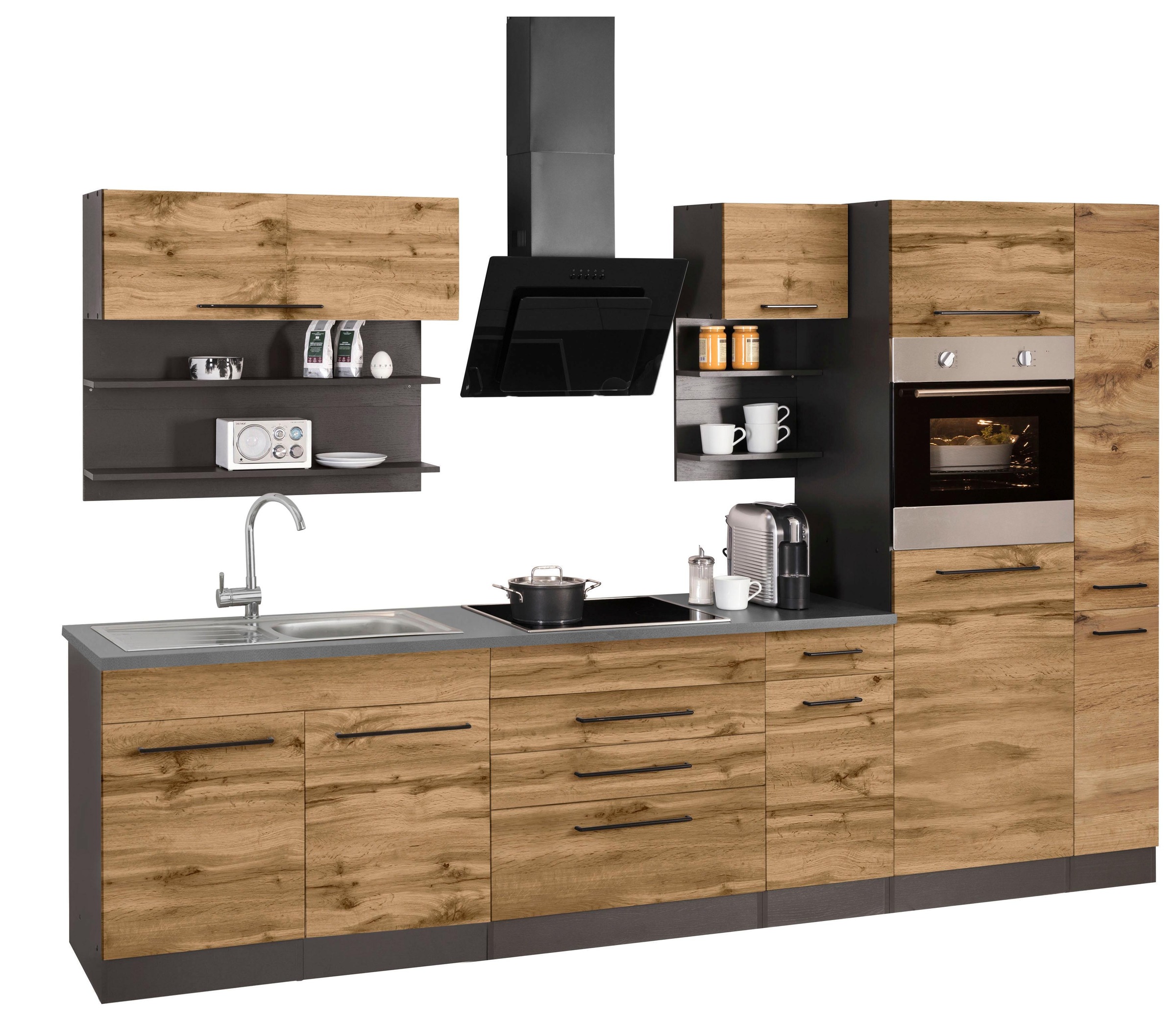KOCHSTATION Küchenzeile »KS-Tulsa« mit E-Geräten, Breite 320 cm, schwarze Metallgriffe, MDF Fronten