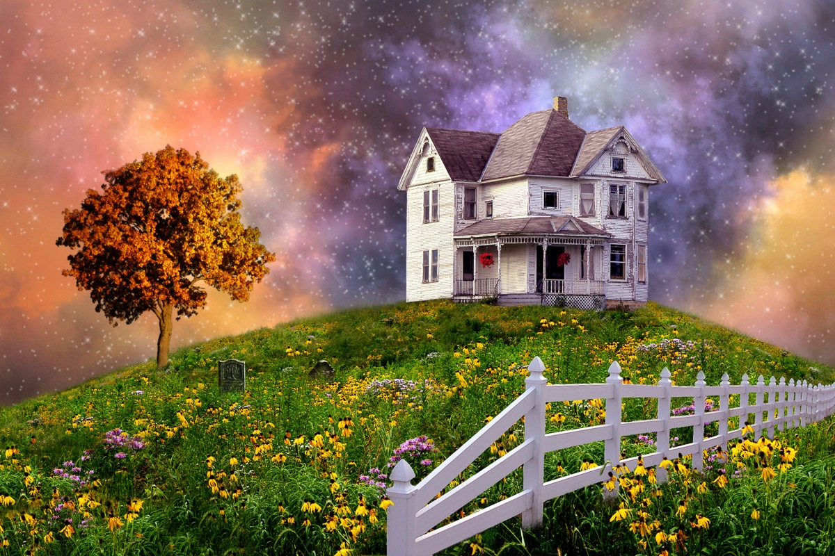 Papermoon Fototapete »SURREAL-FANTASY WOLKEN STERNE HIMMEL BLUMEN LANDSCHAFT«, Vliestapete, hochwertiger Digitaldruck, inklusive Kleister