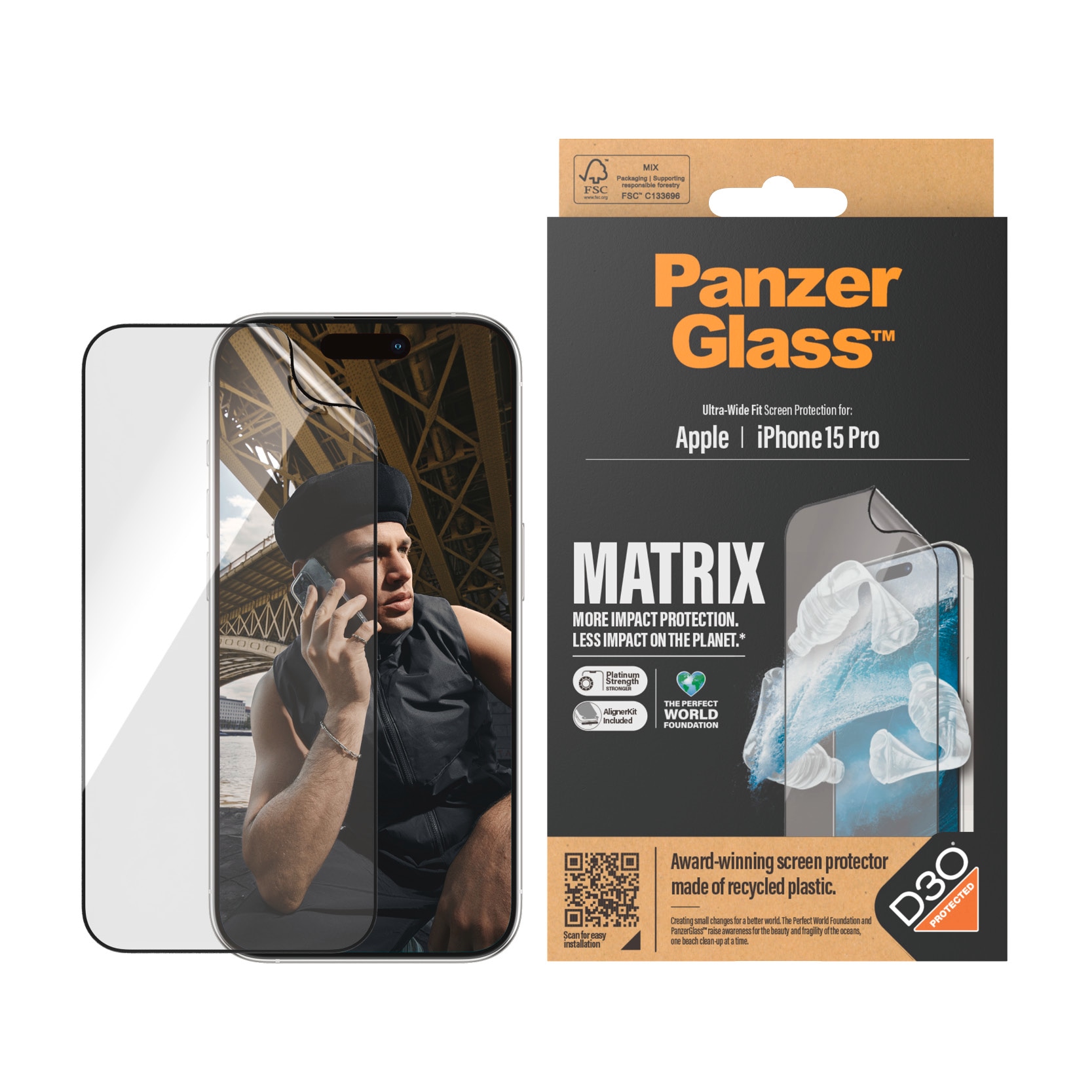 PanzerGlass Displayschutzfolie »MATRIX Protection Film mit D3O«, für iPhone 15 Pro, Ultra Wide Fit