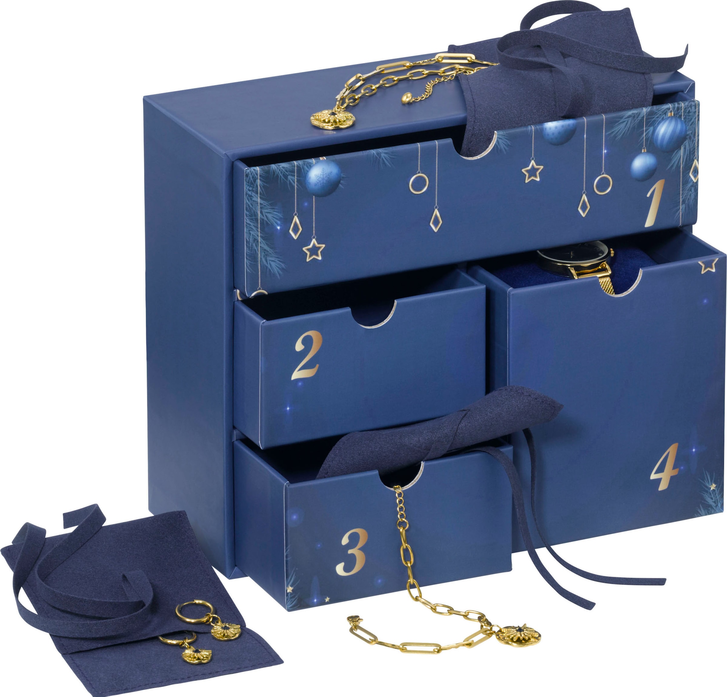 Aniston JEWELRY & WATCHES Adventskalender »Schmuckset Geschenk Weihnachten Armbanduhr Halskette Armband Creolen«, für Erwachsene, Kristallsteine (synth)