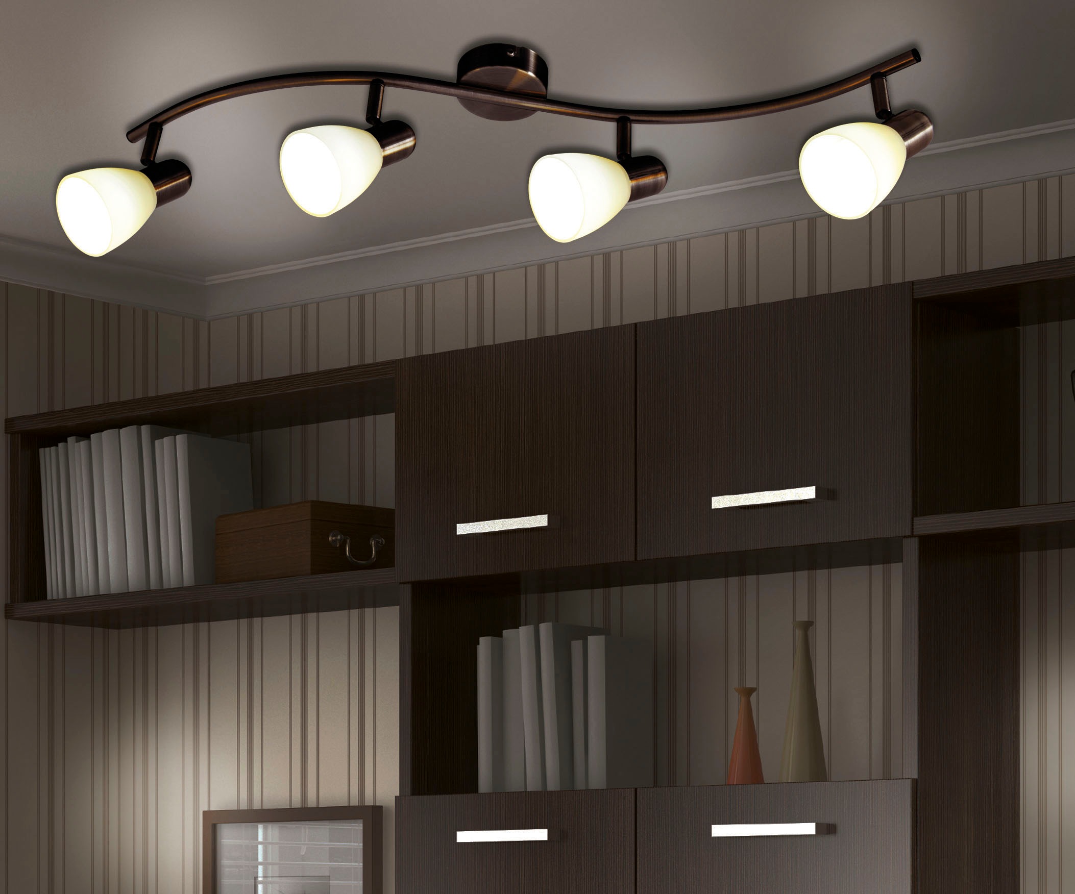 näve LED Deckenspot »Mestre«, 4 flammig, Leuchtmittel E14 | LED wechselbar, 4er LED Wand-u. Deckenspot, E14, braun, Glasschirm weiß