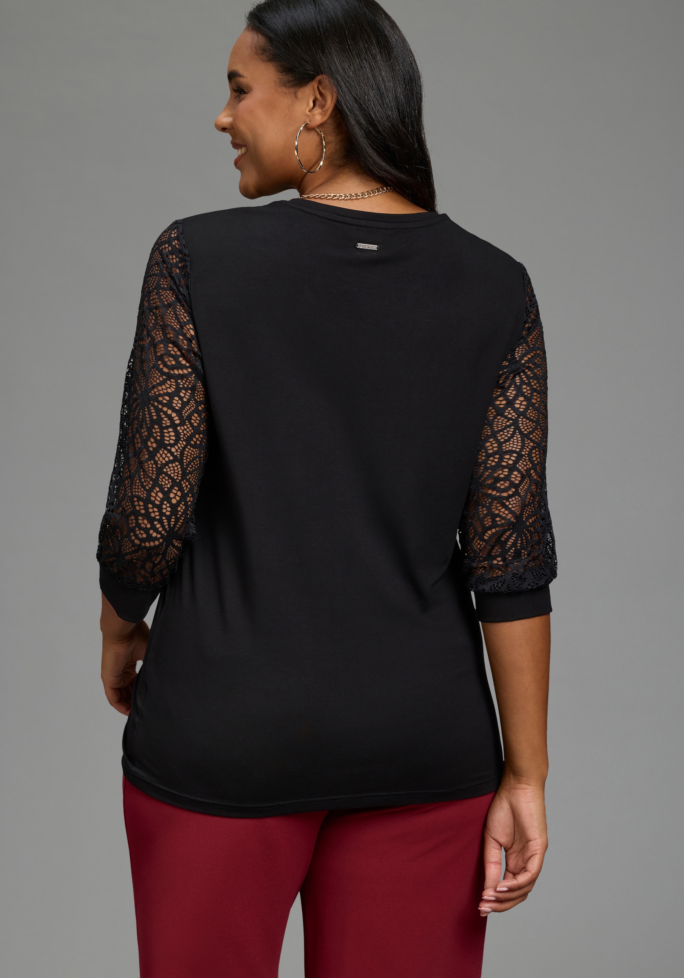 Laura Scott CURVE Spitzenshirt »Große Größen« figurbetonte Passform, mit Puffärmeln, 3/4-Ärmel, Rundhalsausschnitt