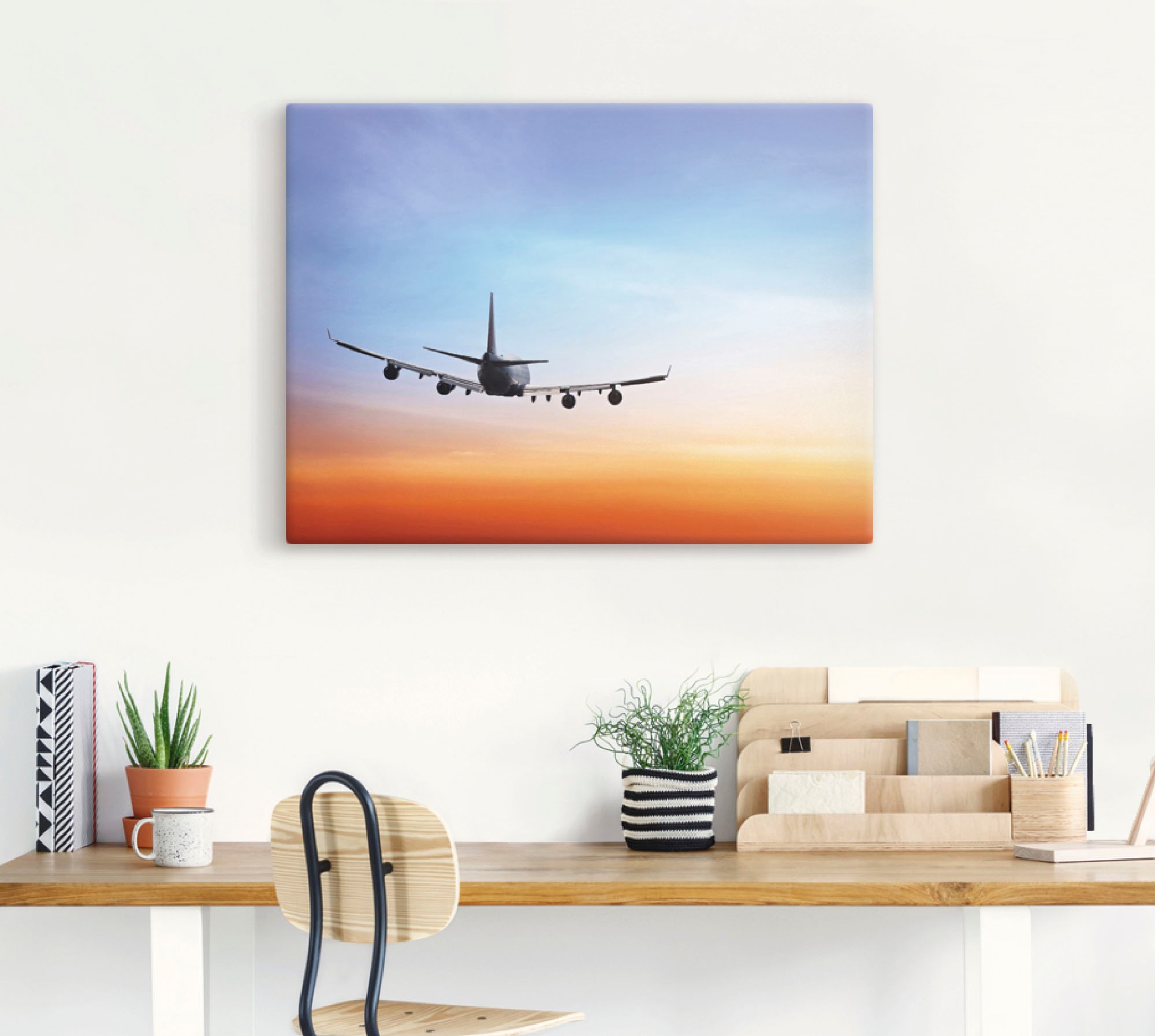 Artland Wandbild »Flugzeug vor orange/blauem Abendhimmel«, Flugzeuge & Helikopter, (1 St.), als Leinwandbild, Wandaufkleber in verschied. Größen
