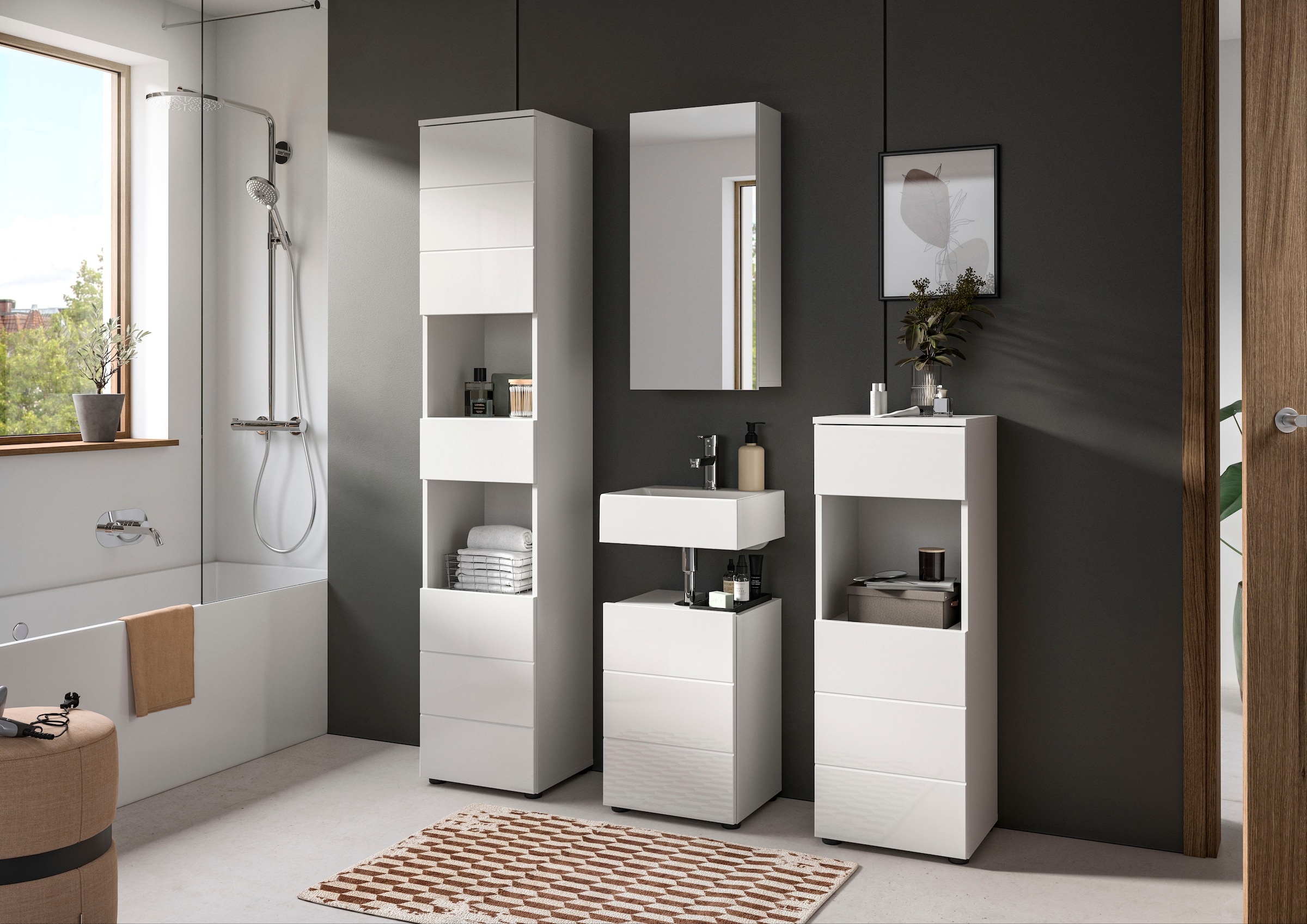 welltime Badmöbel-Set »Biel, Höhe 190 cm, Hochschrank, Unterschrank, Spiegelschrank«, (3 St.), Bad Set, modernes Design, Hochschrank, Unterschrank, Spiegel