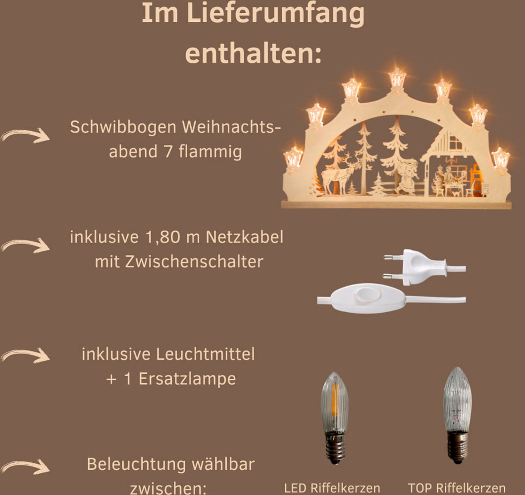 Weigla LED Schwibbogen »Weihnachtsabend, Lichterbogen aus Holz, NATUR«, Erzgebirge garantiert, Weihnachtsdeko Innen, Weihnachtsbeleuchtung