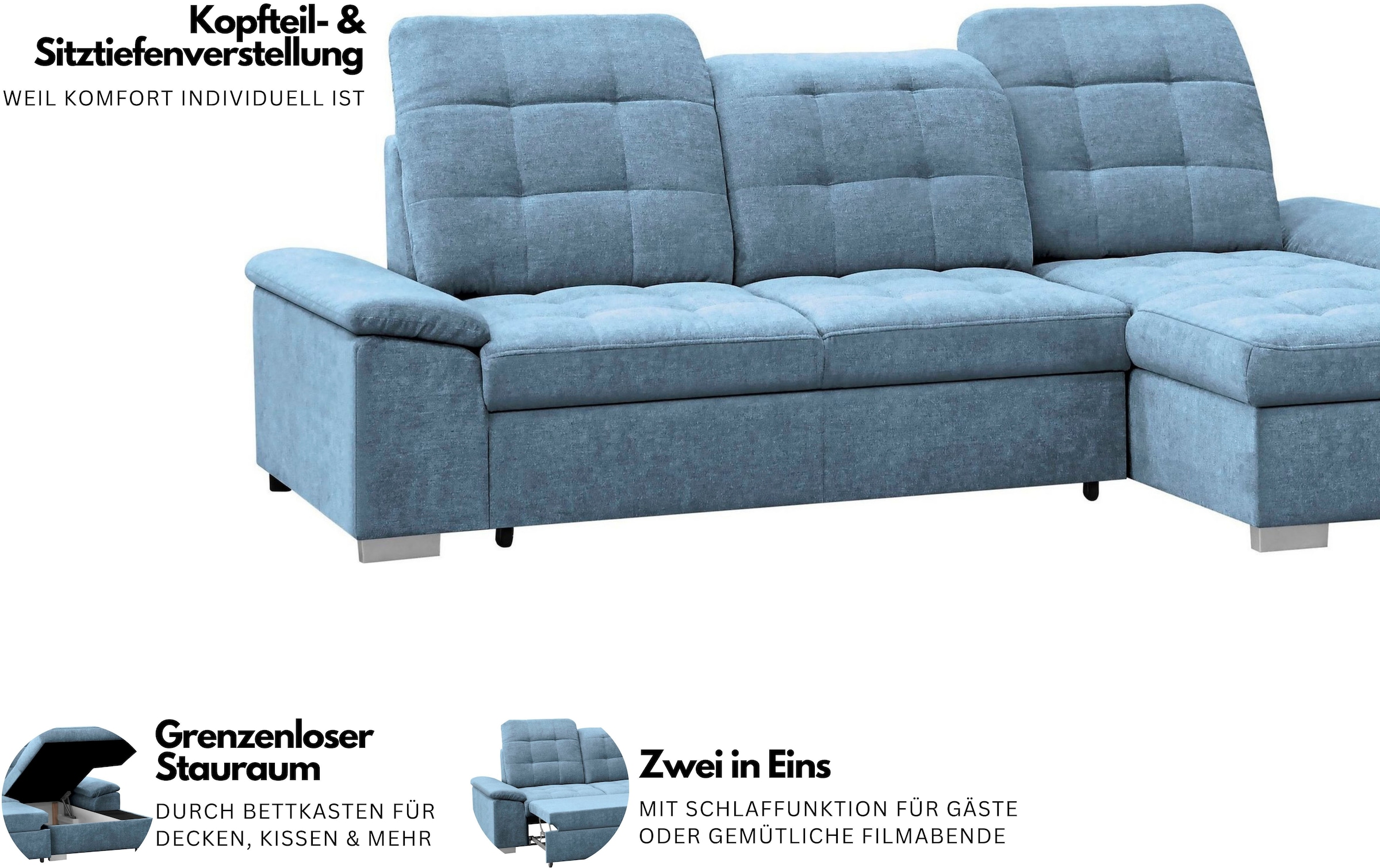 WERK2 Ecksofa »Carmen Bett+Bettkasten, Kopfstütze verst., Sitztiefe optional verst.« L-Form Sofa, Struktur weich, creme
