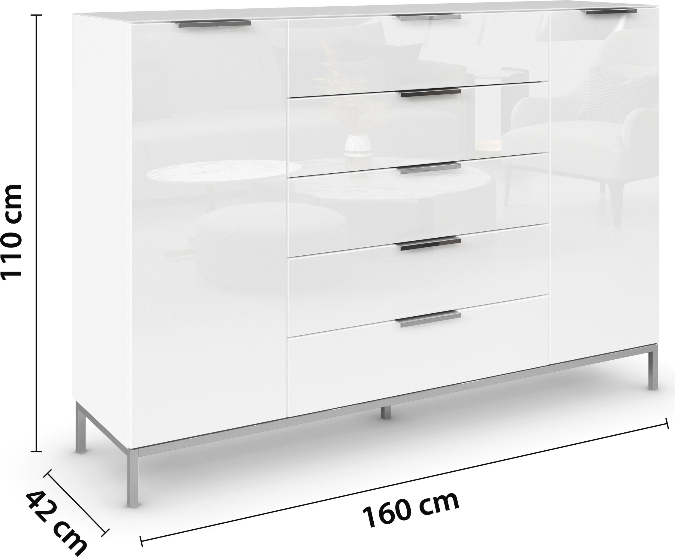rauch Schubkastenkommode »Kommode Türkommode Sideboard Kombikommode FLIPP mit Glasfront«, (Breite 160/180 cm mit 4 Einlegeböden), 2-türig, 5 Schubladen, Soft-Close, Oberboden und Front Glas, 2 Breiten