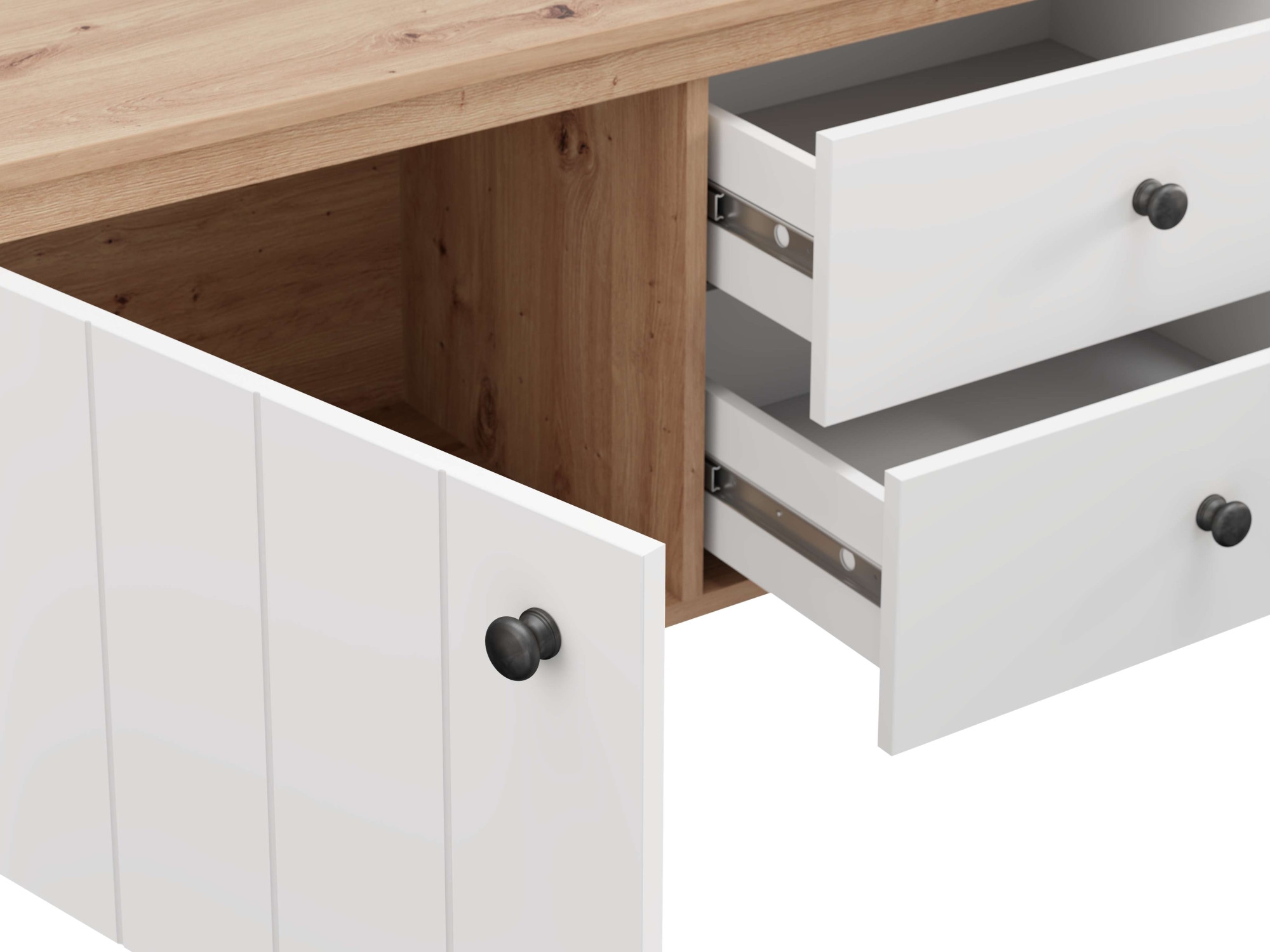 Home affaire Lowboard »BEDFORD, TV-Board, TV-Kommode, TV-Schrank, TV-Möbel im Landhausstil« MDF-Profil, 2 Türen, 2 Schubladen und 2 Fächer mit Metallgriffen