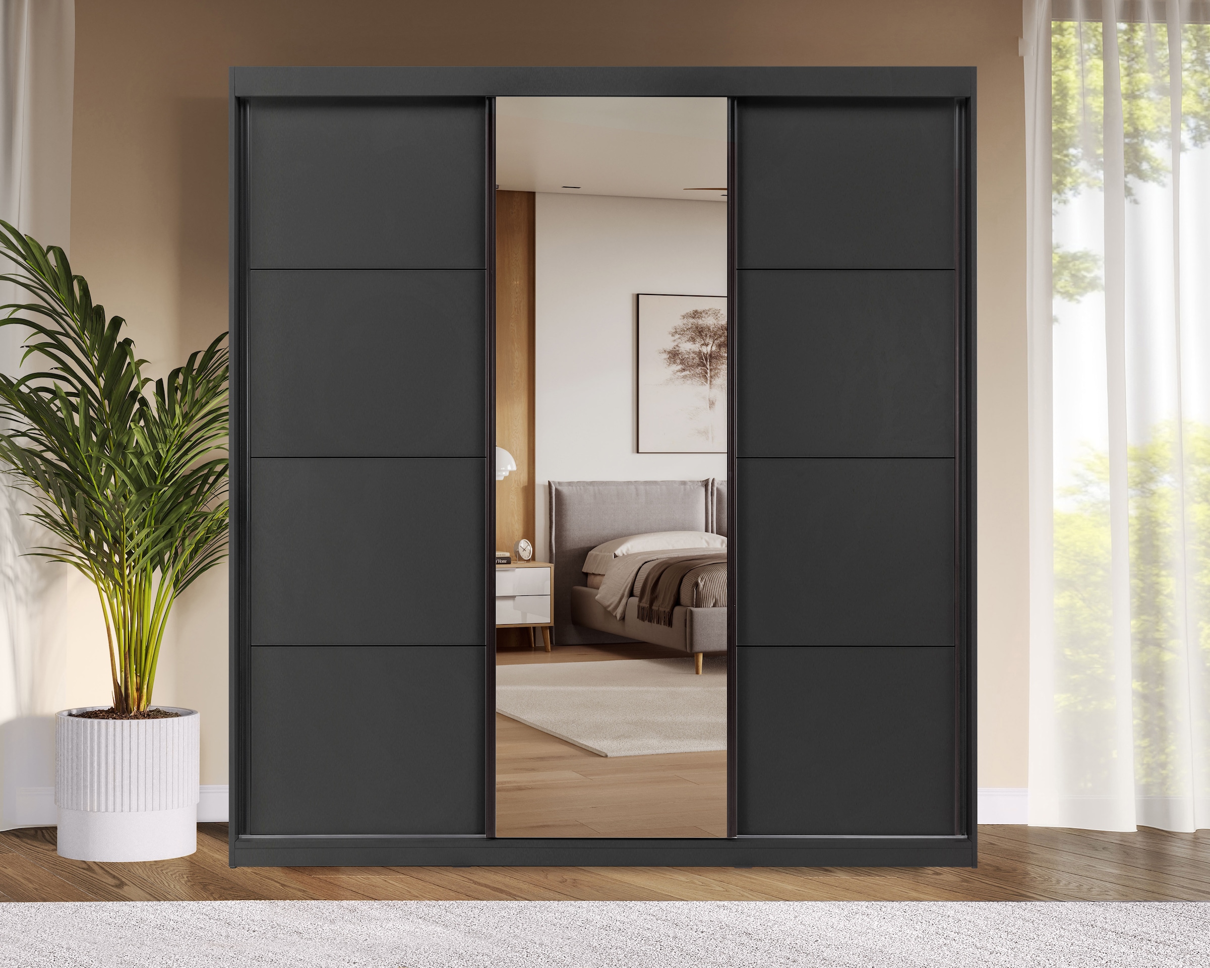 OTTO home Schwebetürenschrank »Tonara Schrank, Kleiderschrank 2,00m Breite, Schiebetürenschrank« Schrank mit leichtgängiger Schiebetür, in 4 Farben , Top Ausstattung,  inklusive Spiegeltür, 2 Kleiderstangen & 4 Schubkastenauszügen