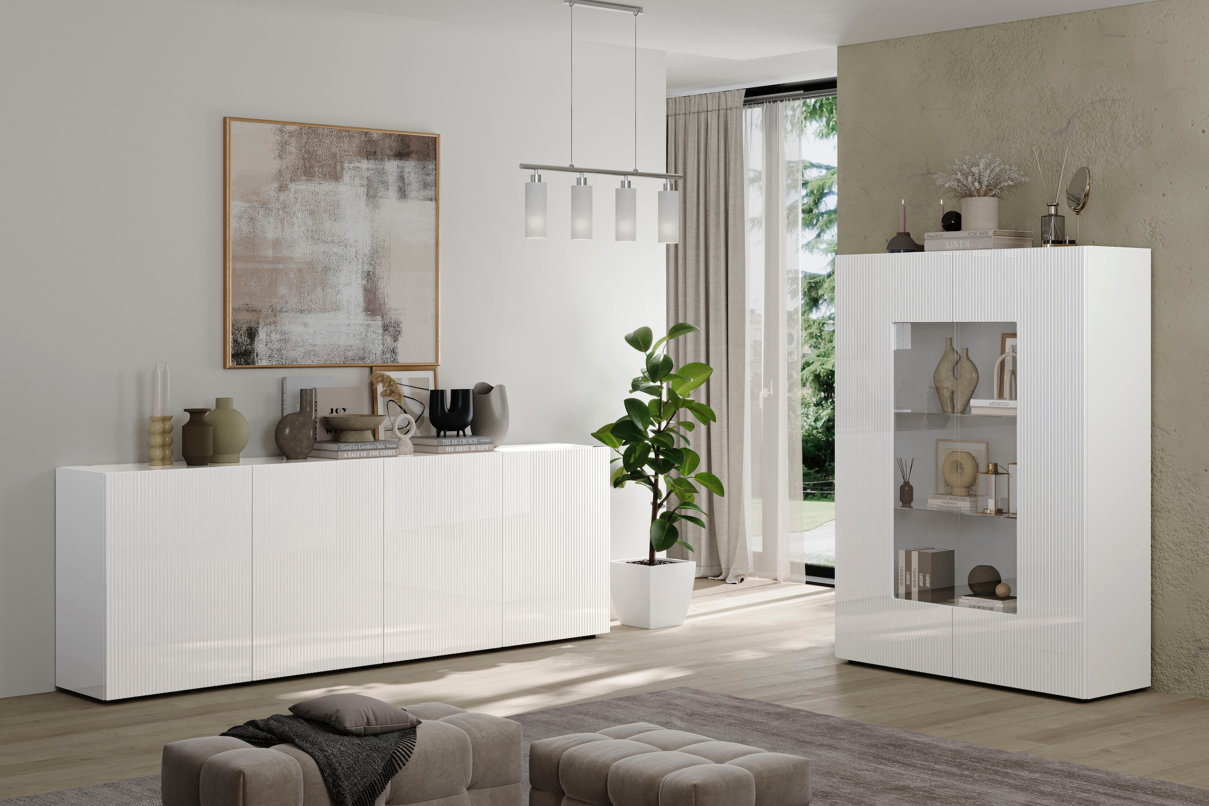 INOSIGN Vitrine »RIO, Höhe 166 cm, Hochschrank mit 2 Türen, Anrichte, Standvitrine«, Vitrinenschrank, geriffelte MDF-Fronten, modern, elegant, geräumig