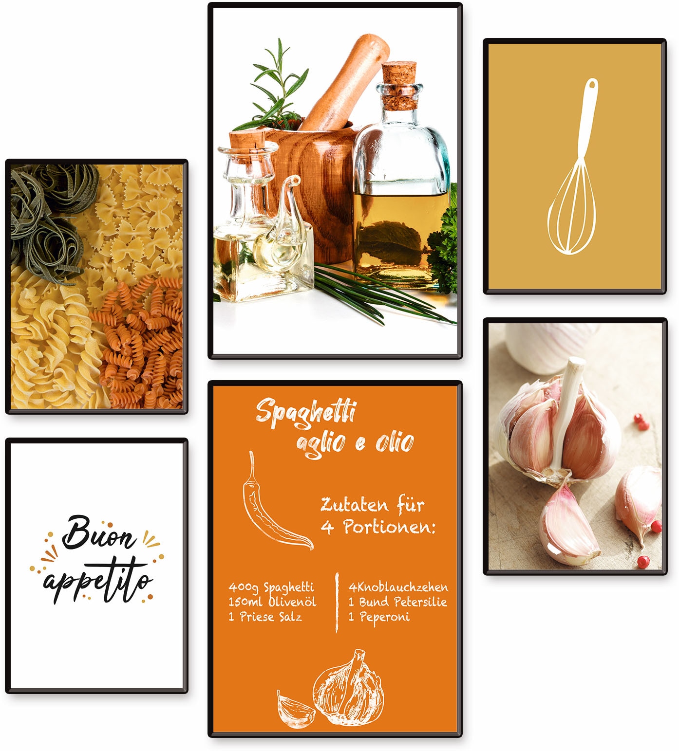 Poster »Spagetti Pasta Rezept«, Speisen, (Set, 6 St.), 6er Set, 2xDIN A3 / 4xDIN A4,...
