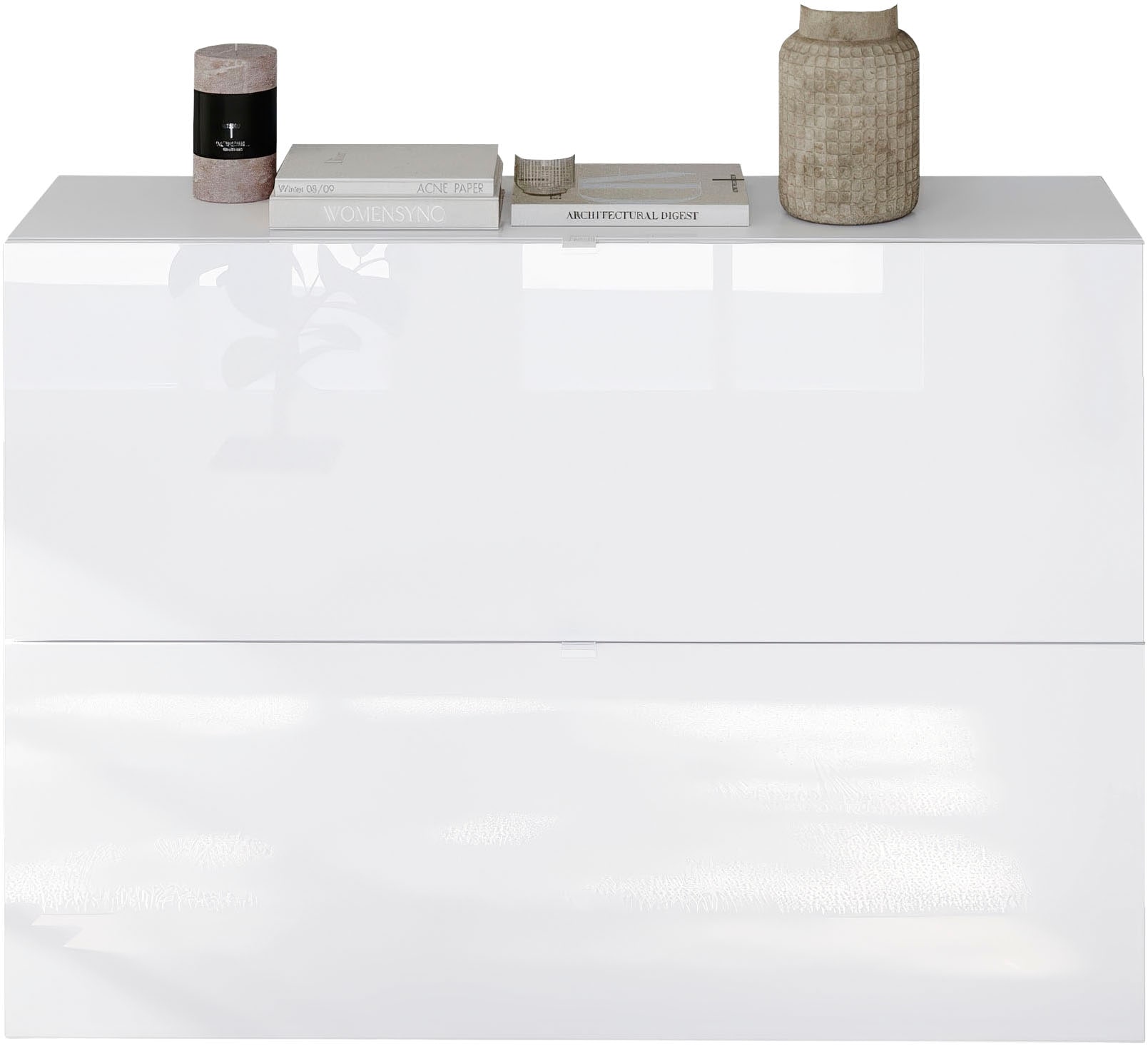 INOSIGN Schuhschrank »SMILE Breite 104 cm, 2 Klappen, komplett Weiß Hochglanz lackiert,«, Schuhkipper hängend o. stehend montierbar, 4 Fächer, Metallgriffe