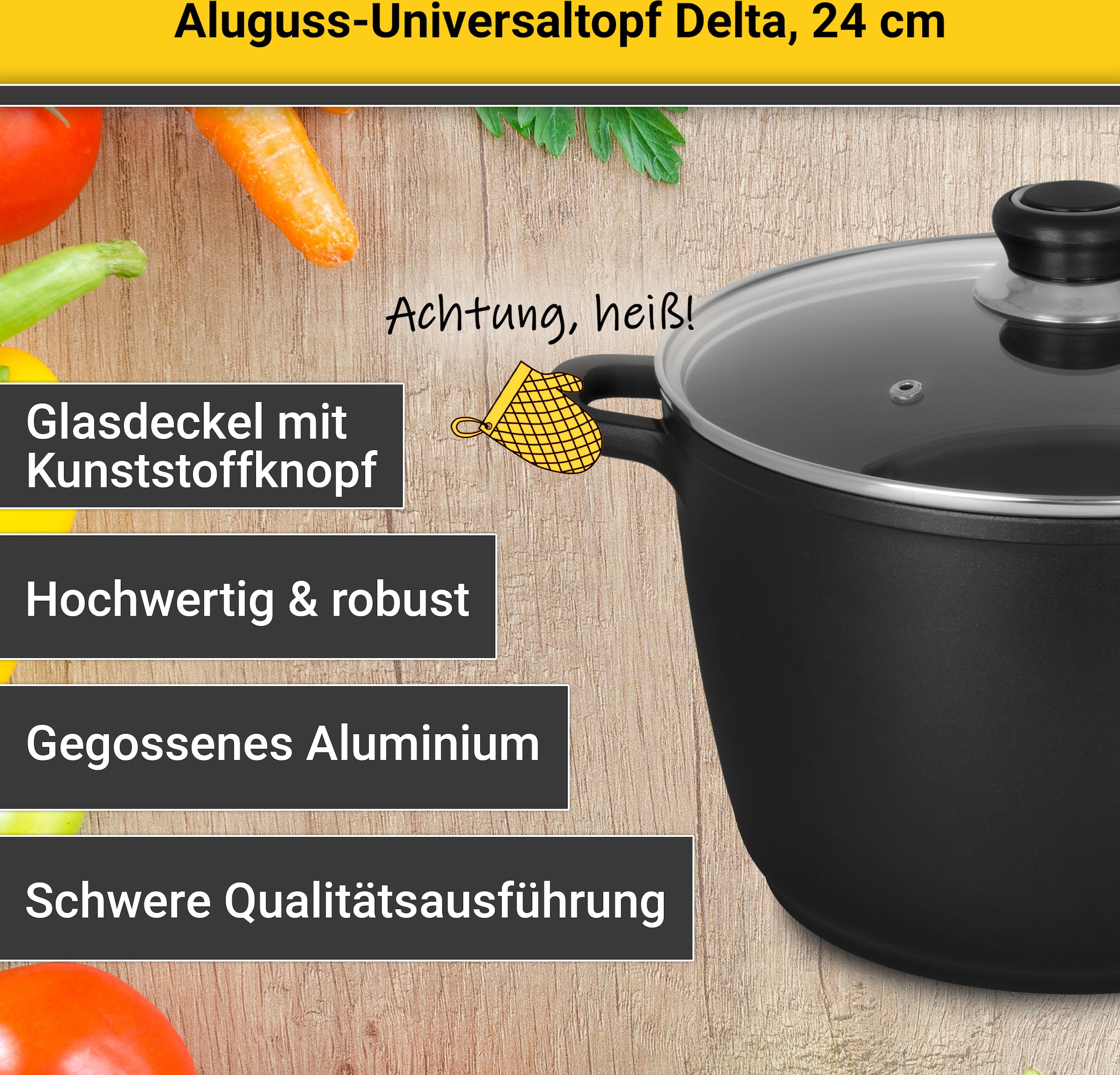 Krüger Kochtopf »Aluguss Universaltopf mit Glasdeckel DELTA, 24 cm«, Aluminiumguss, (1 tlg.), für Induktions-Kochfelder geeignet