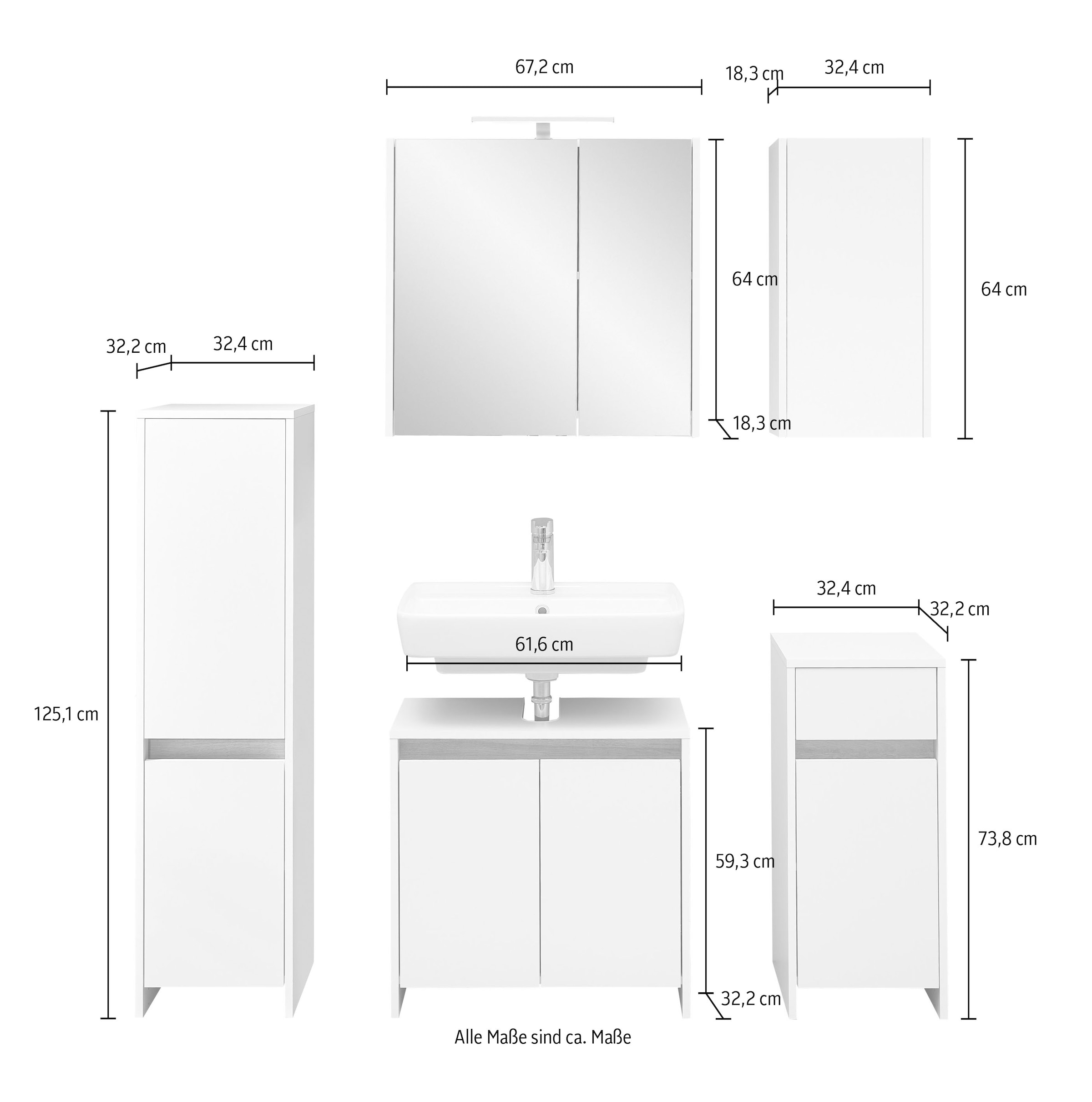 Saphir Badmöbel-Set »Quickset 100, Waschbeckenunterschrank mit Spiegelschrank«, (5 St.), Badezimmer-Set mit Unterschrank, Hängeschrank und Midischrank in Weiß