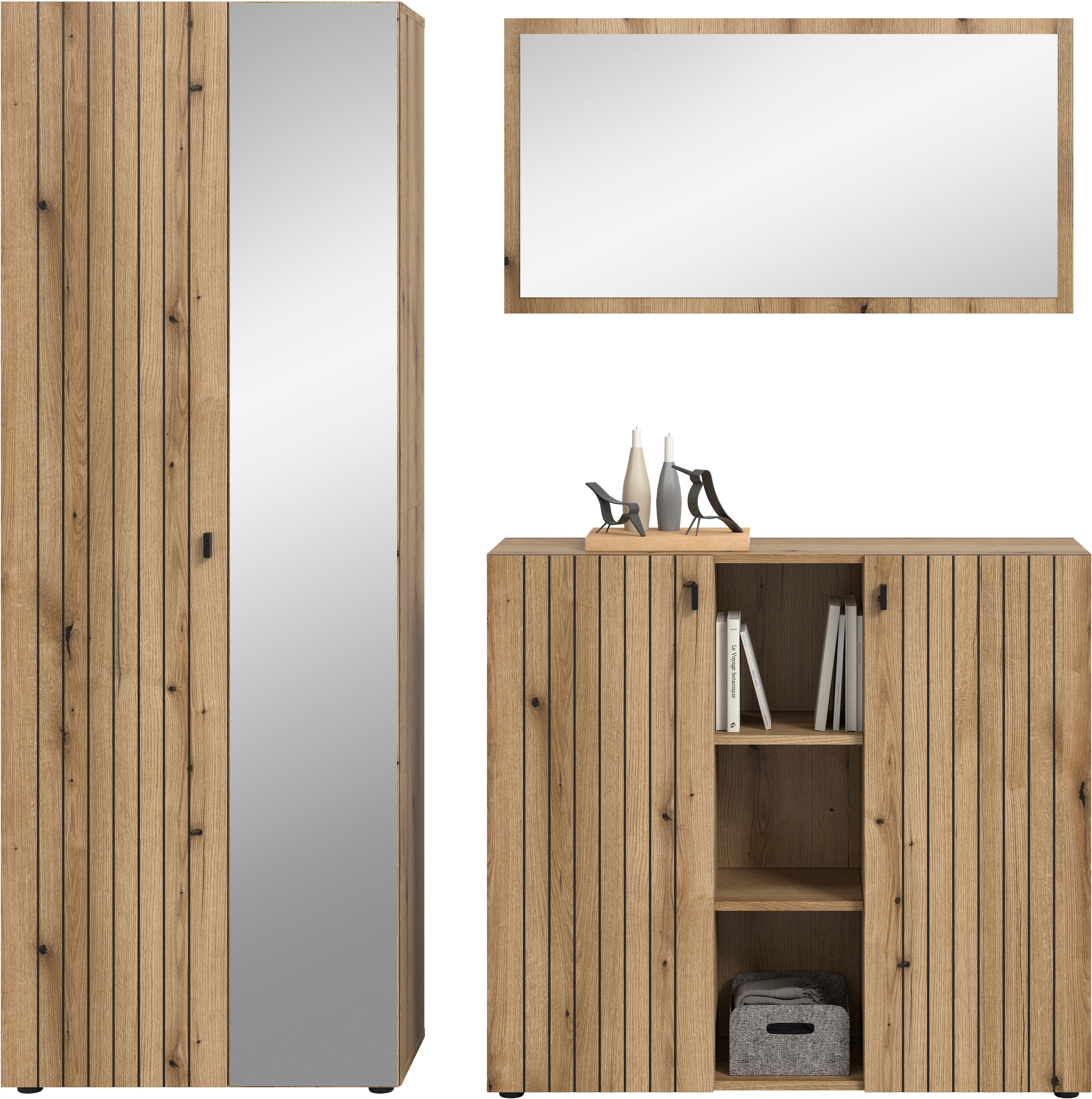 Home affaire Garderoben-Set »TATIO, 3-tlg. Garderobenkombination, Breite: 191 cm, Rillenfräsung« Set, Set, best. aus: 1 Spiegel, 1 Garderobenschrank, 1 Schuhkommode, 3 Stk. tlg.