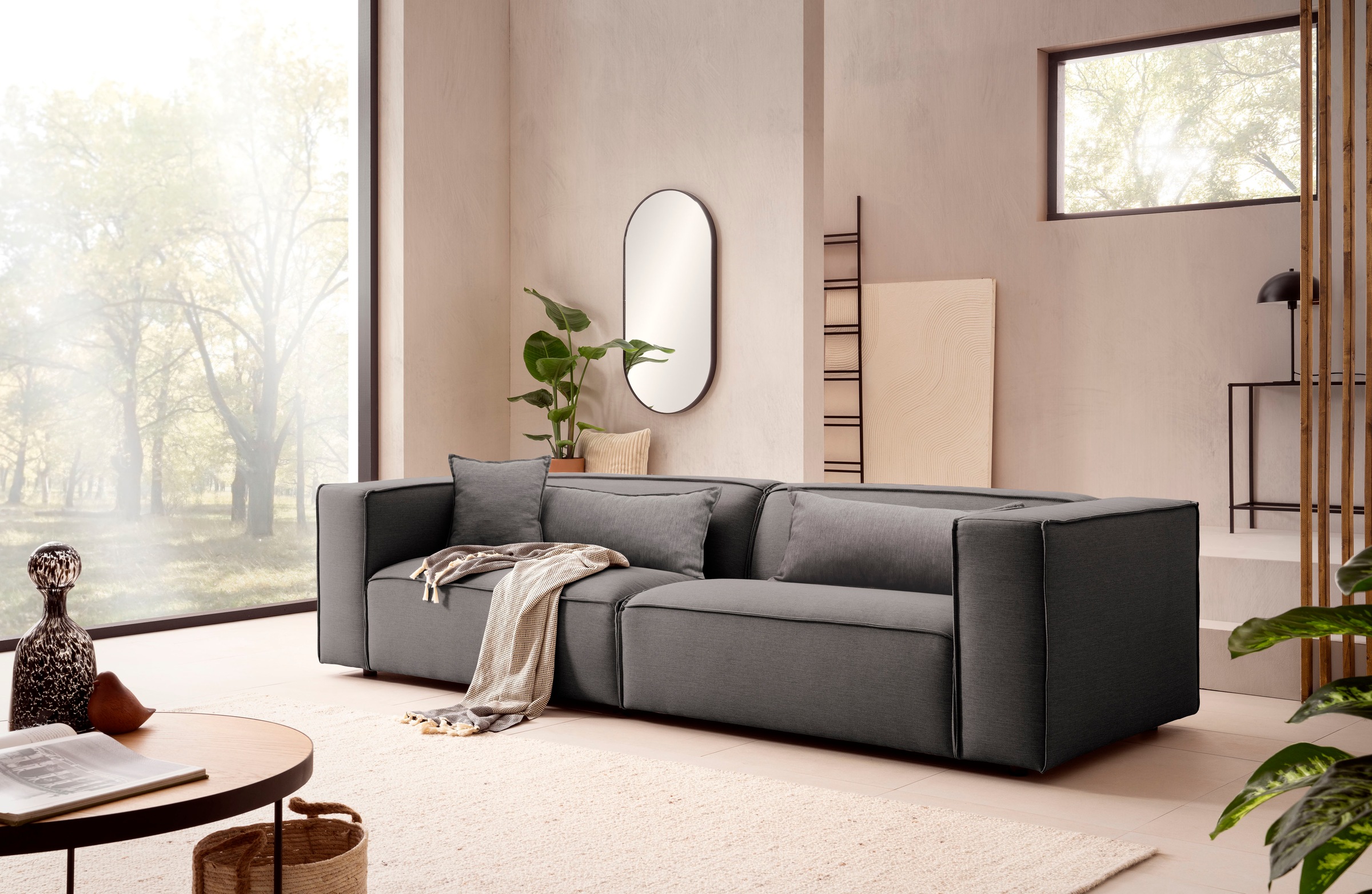 LeGer Home by Lena Gercke 3-Sitzer »PIARA, Couch mit Kedernaht, Sofa in Cord oder Leinenoptik«, schwarze Füße, bequemer Sitzkomfort